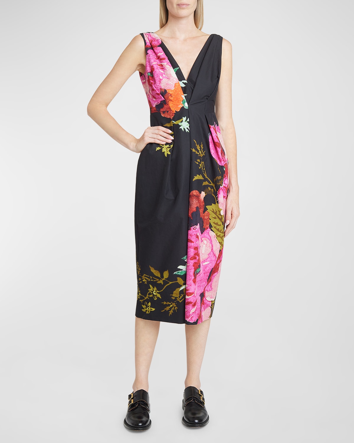 Floral-Print Pleated V-Neck Sleeveless Midi Dress
