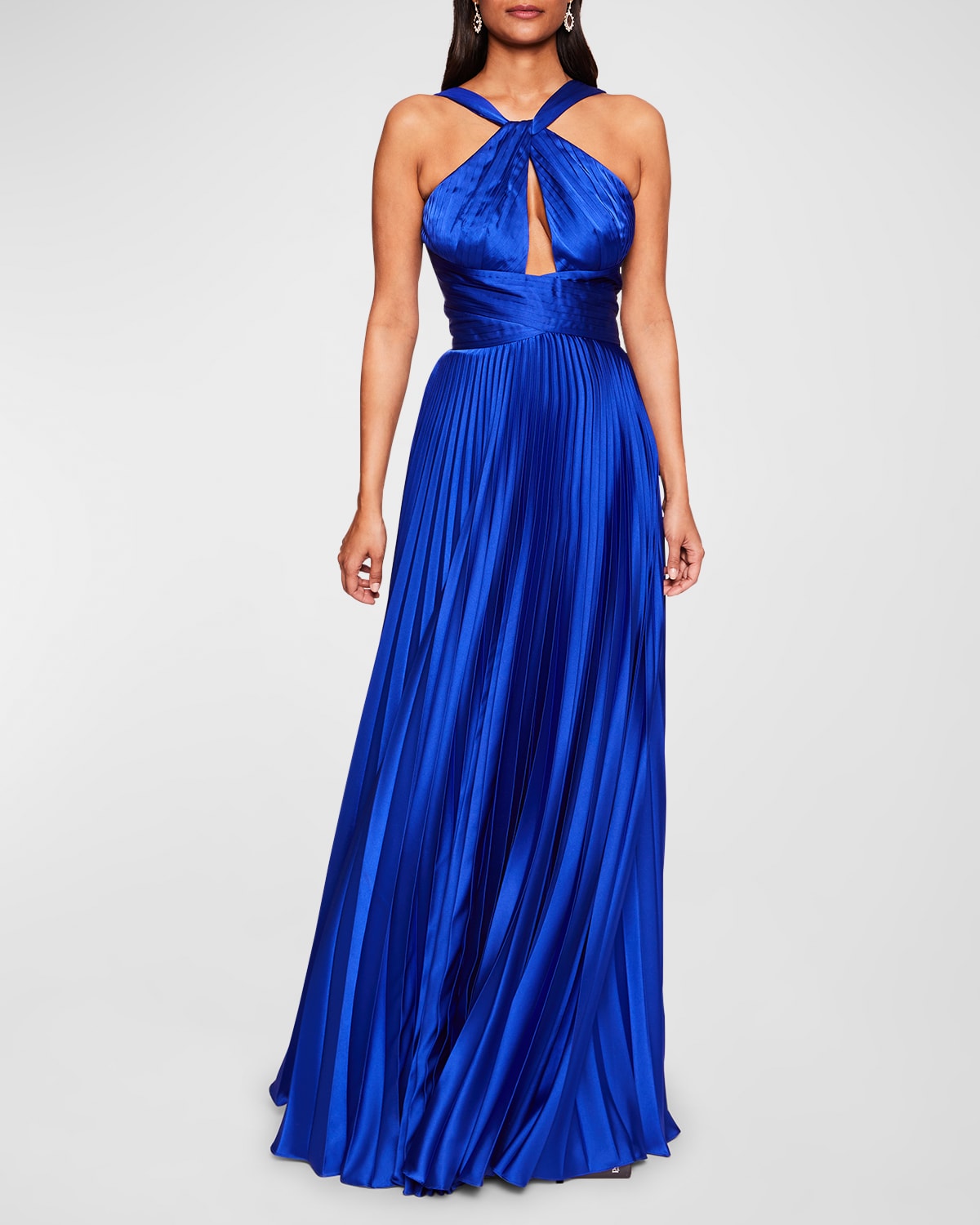 MARCHESA NOTTE PLEATED CUTOUT HALTER GOWN