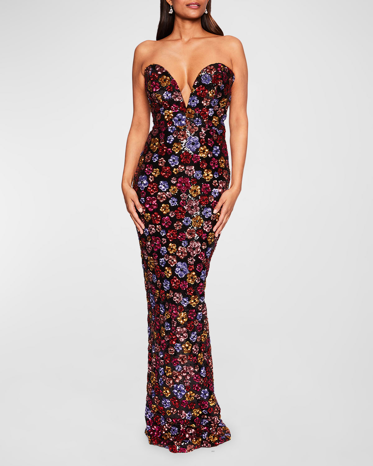 MARCHESA NOTTE STRAPLESS PLUNGING FLORAL SEQUIN COLUMN GOWN