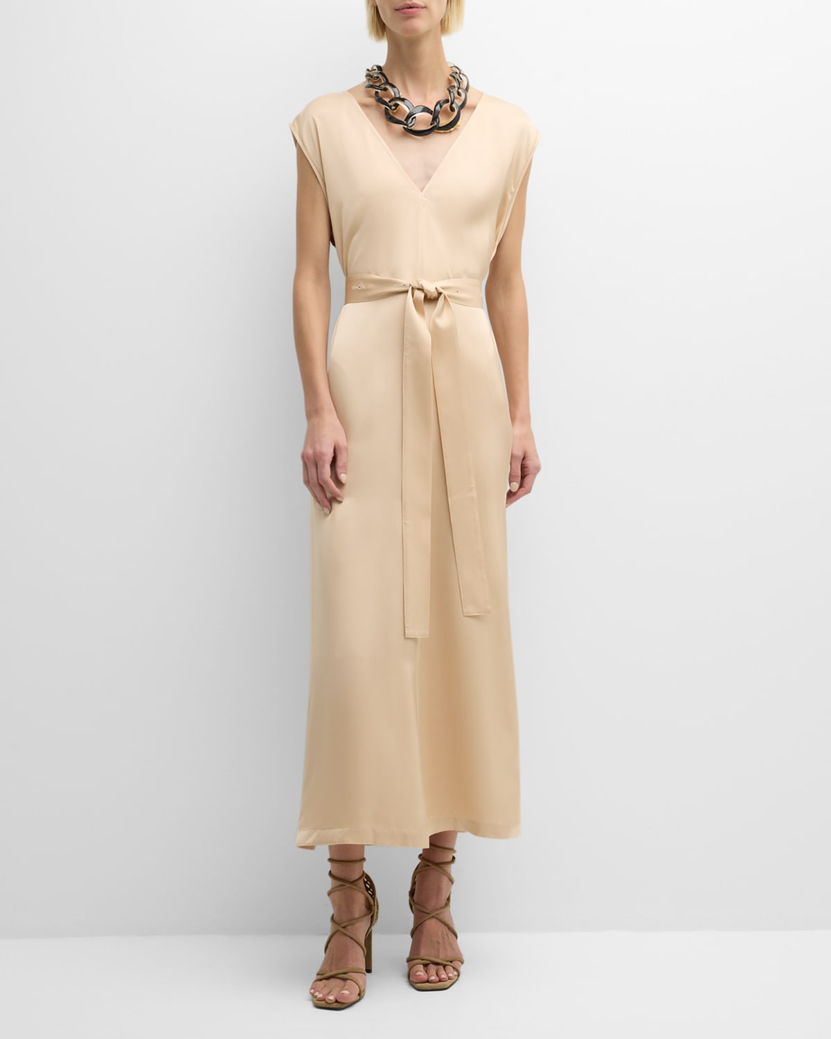 Shop Fabiana Filippi Sleeveless Belted Bead-trim Satin Midi Dress In Cipria
