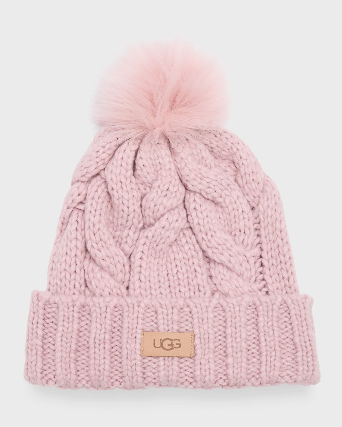 Ugg Cable Knit Beanie With Faux Fur Pom In Mauve