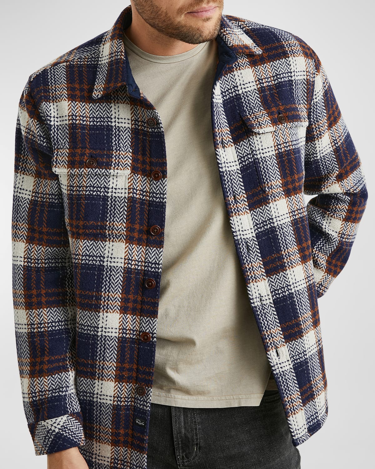 Rails Men's Berkshire Herringbone Plaid Button-front Shirt Jacket In Navy Umber Cream