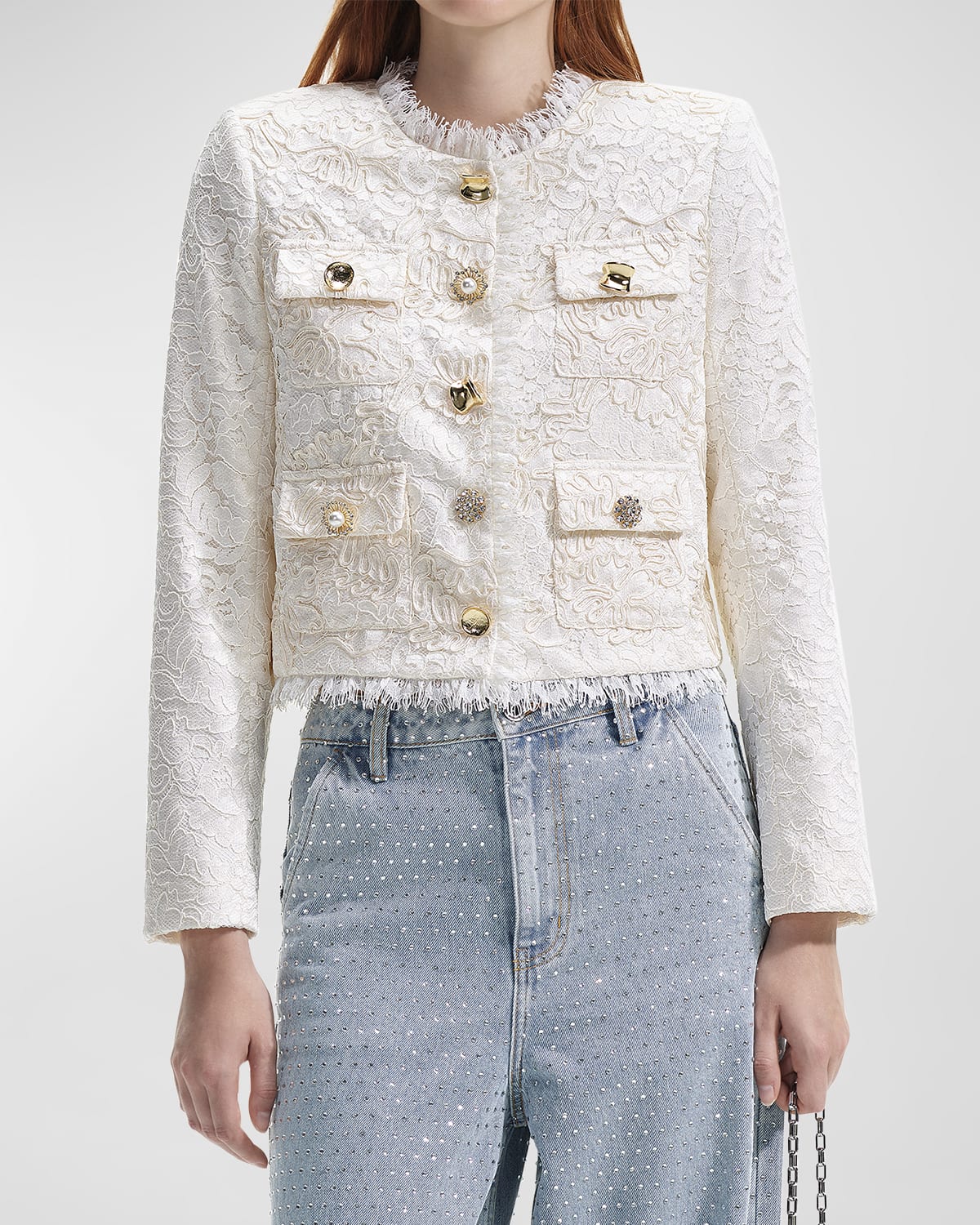 Self-portrait Floral Cord Lace Crop Jacket In White