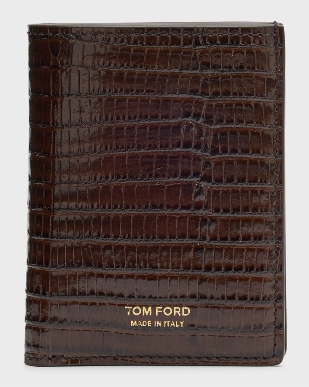 Shop Tom Ford Men's T Line Croc-effect Bifold Card Holder In Chocolate