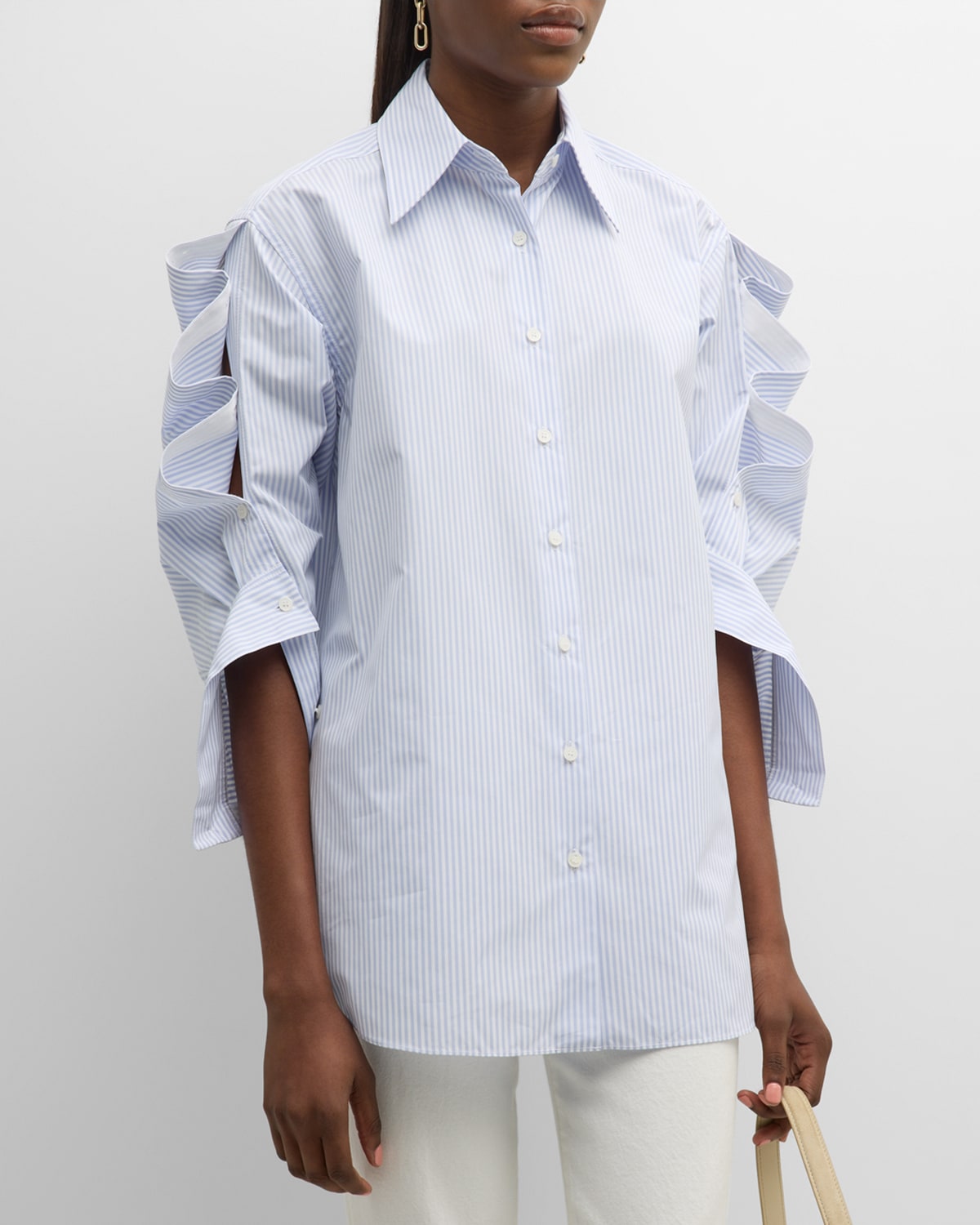 Shop Lafayette 148 Striped Button-sleeve Shirt In Wild Bluet Multi
