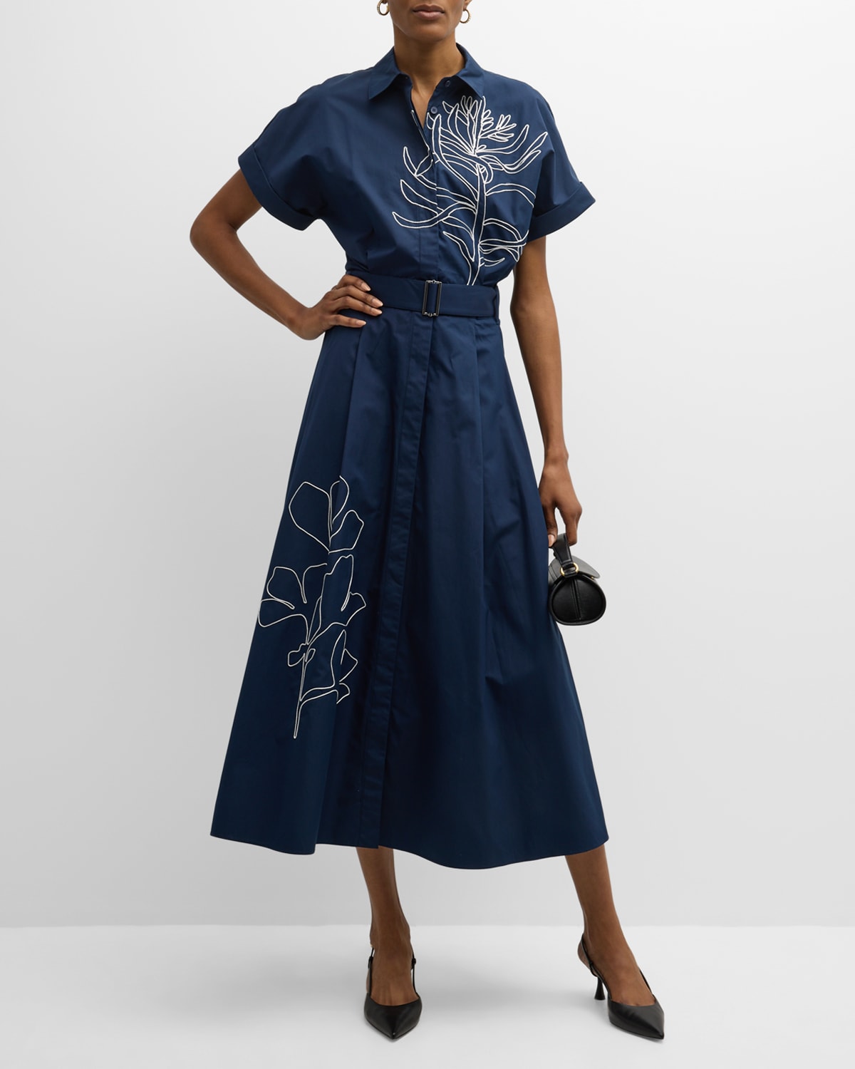Shop Lafayette 148 Floral-embroidered Cotton Midi Shirtdress In Midnight Blue