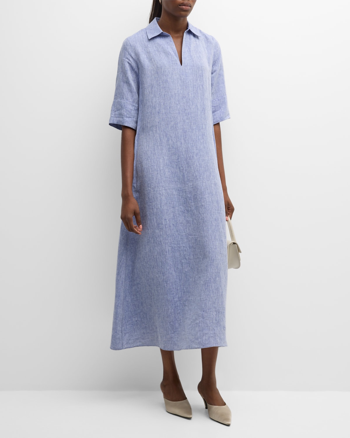 Heathered Elbow-Sleeve Linen Midi Dress