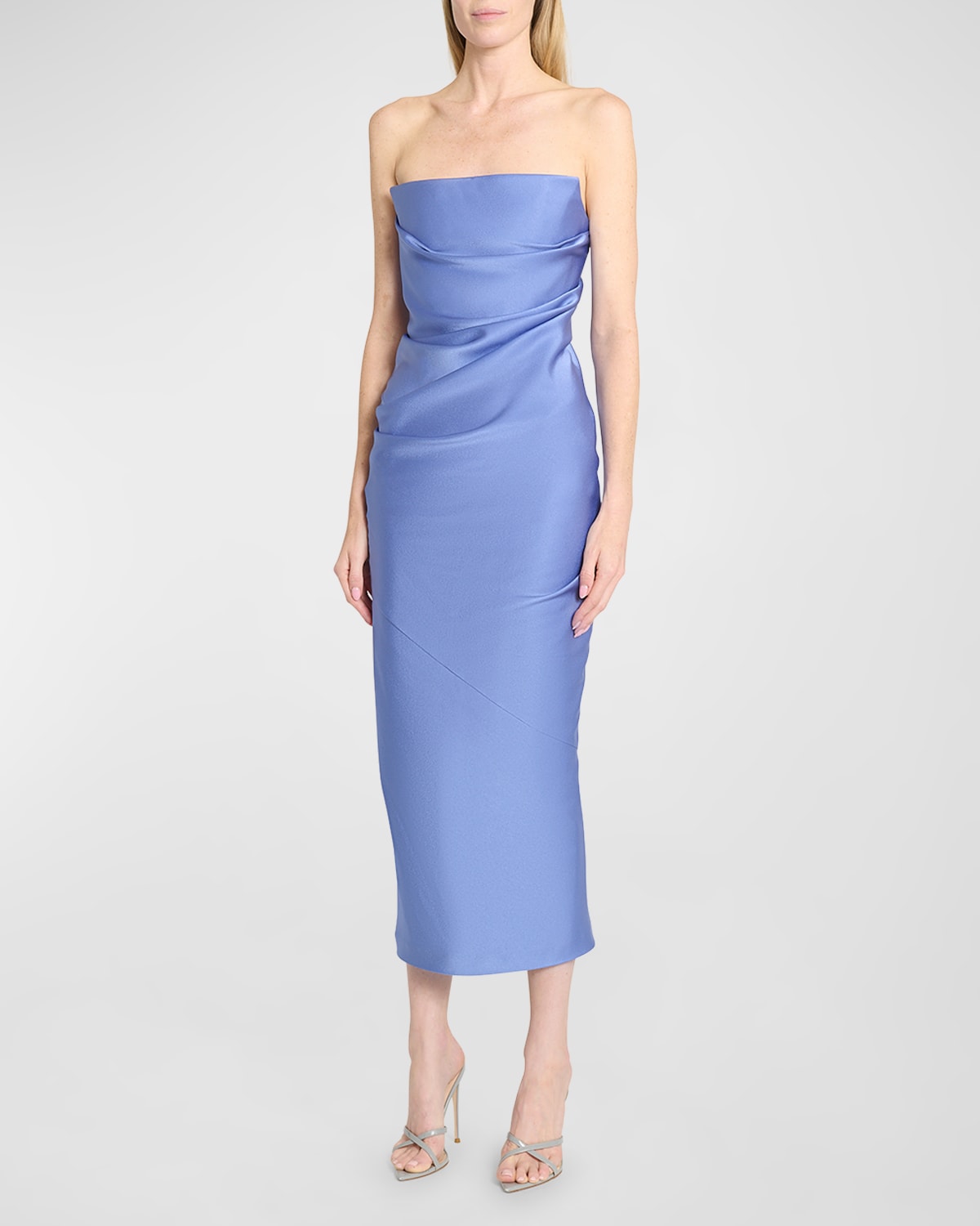 Shop Alex Perry Satin Crepe Strapless Draped Midi Dress In Periwinkle