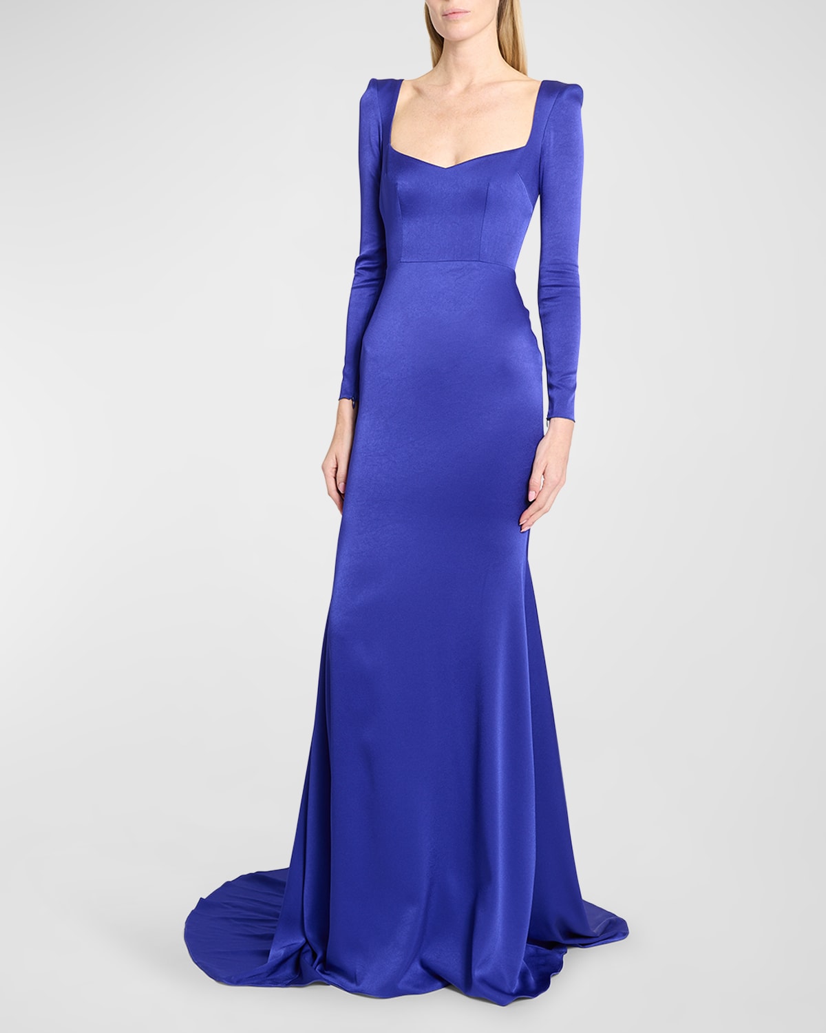 Alex Perry Satin Crepe Angled Portrait Long-sleeve Gown In Ultramarine