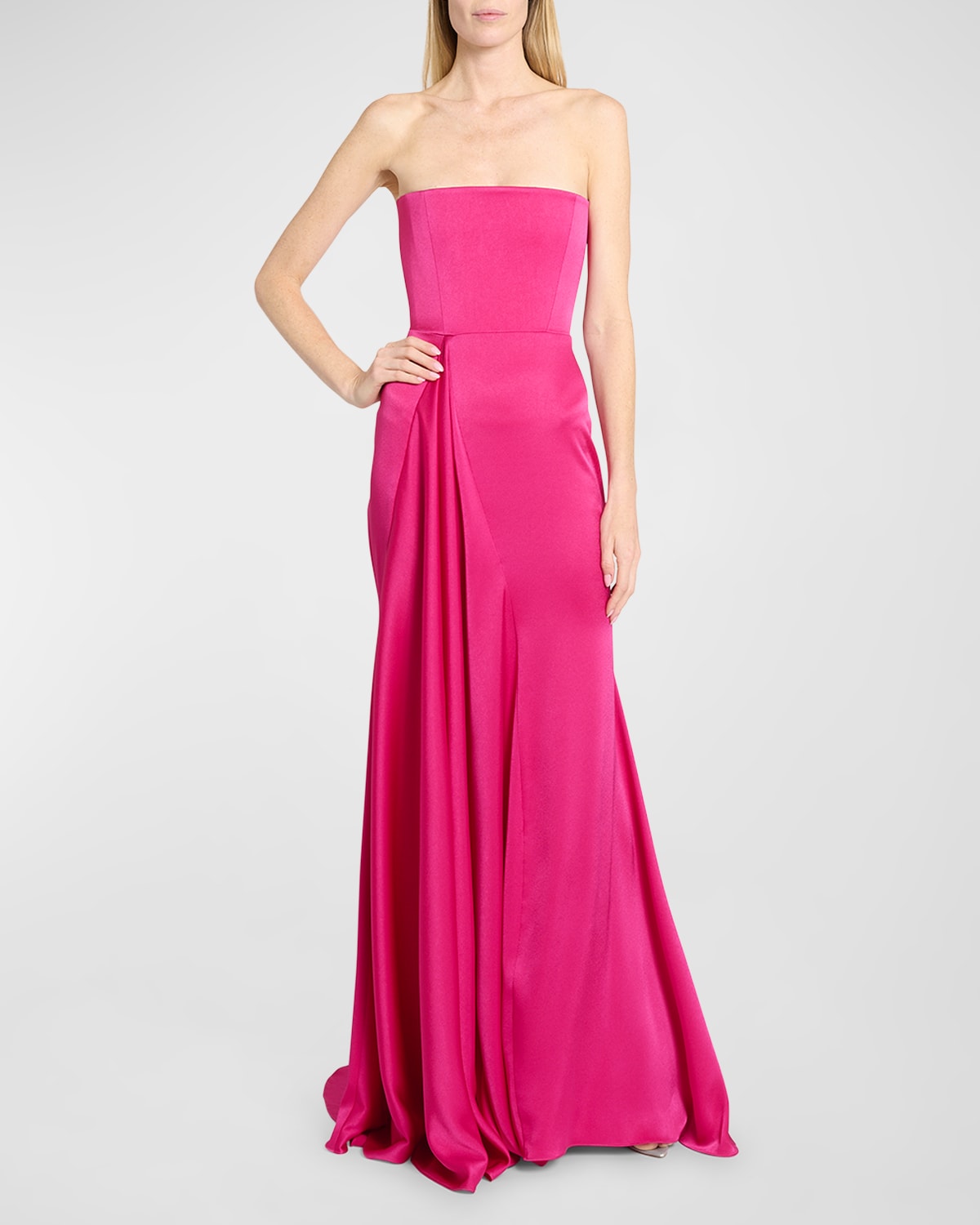 Shop Alex Perry Satin Crepe Strapless Gathered Drape Gown In Raspberry