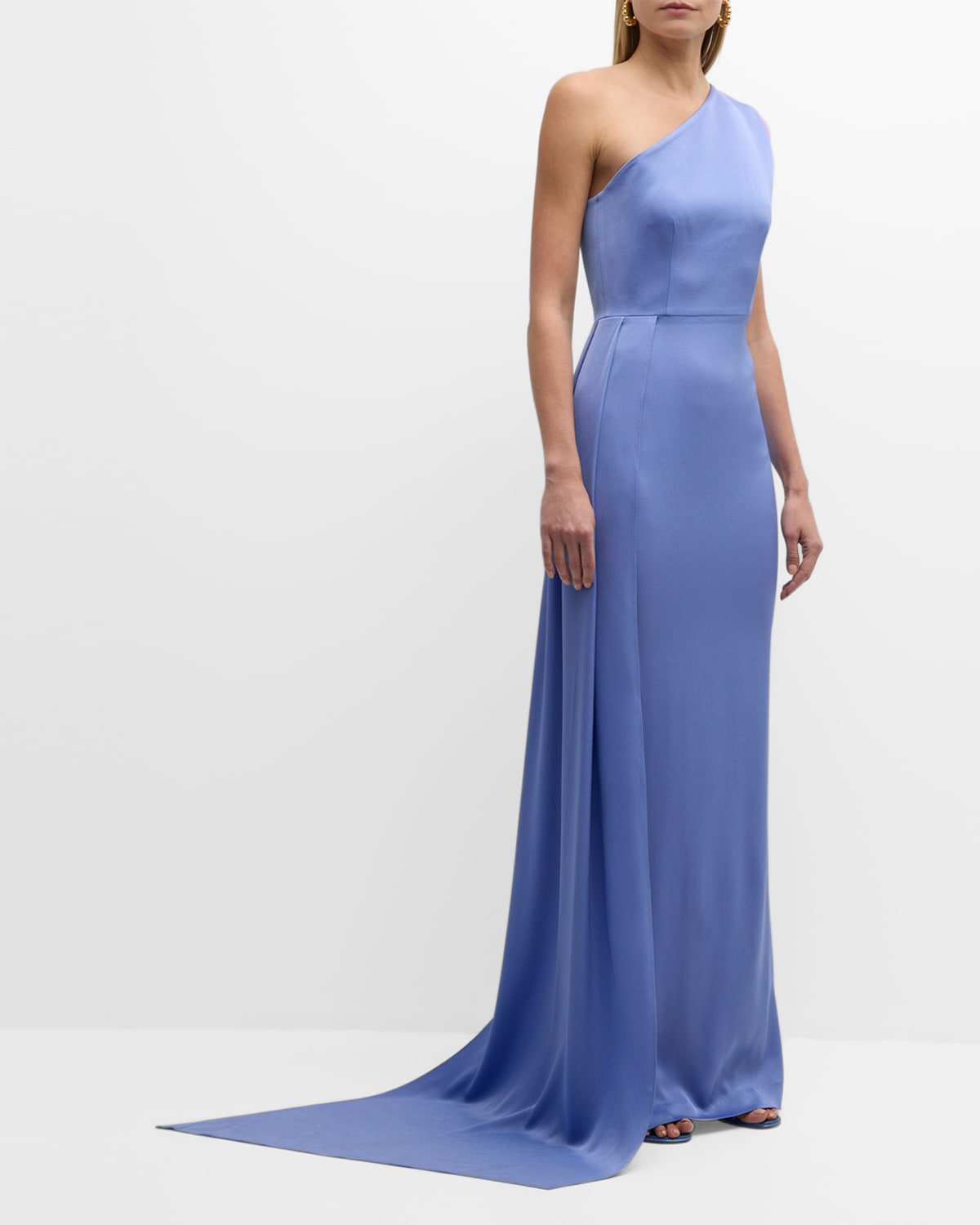 Alex Perry Satin Crepe One-shoulder Column Gown With Sash In Periwinkle
