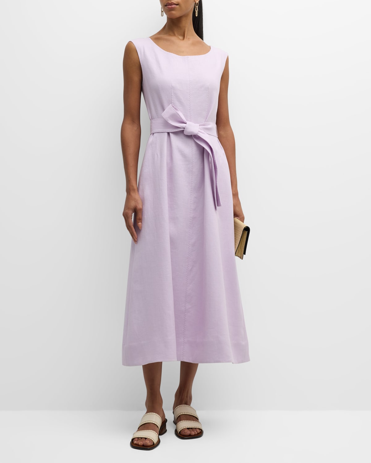 Shop Lafayette 148 Sleeveless Belted Linen Midi Dress In Dried Blossom
