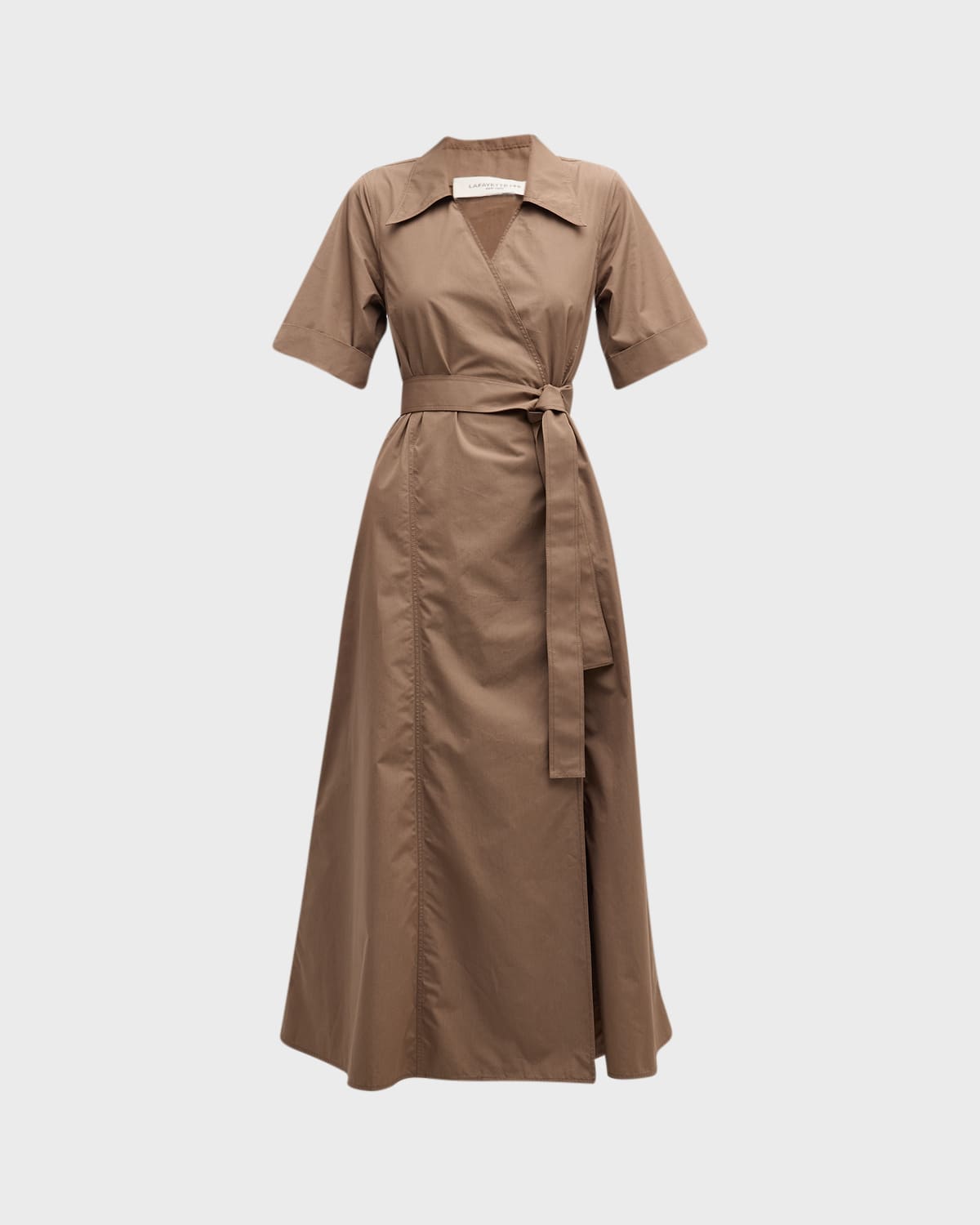 Shop Lafayette 148 Faux-wrap Cotton-linen Midi Shirtdress In Deep Acorn