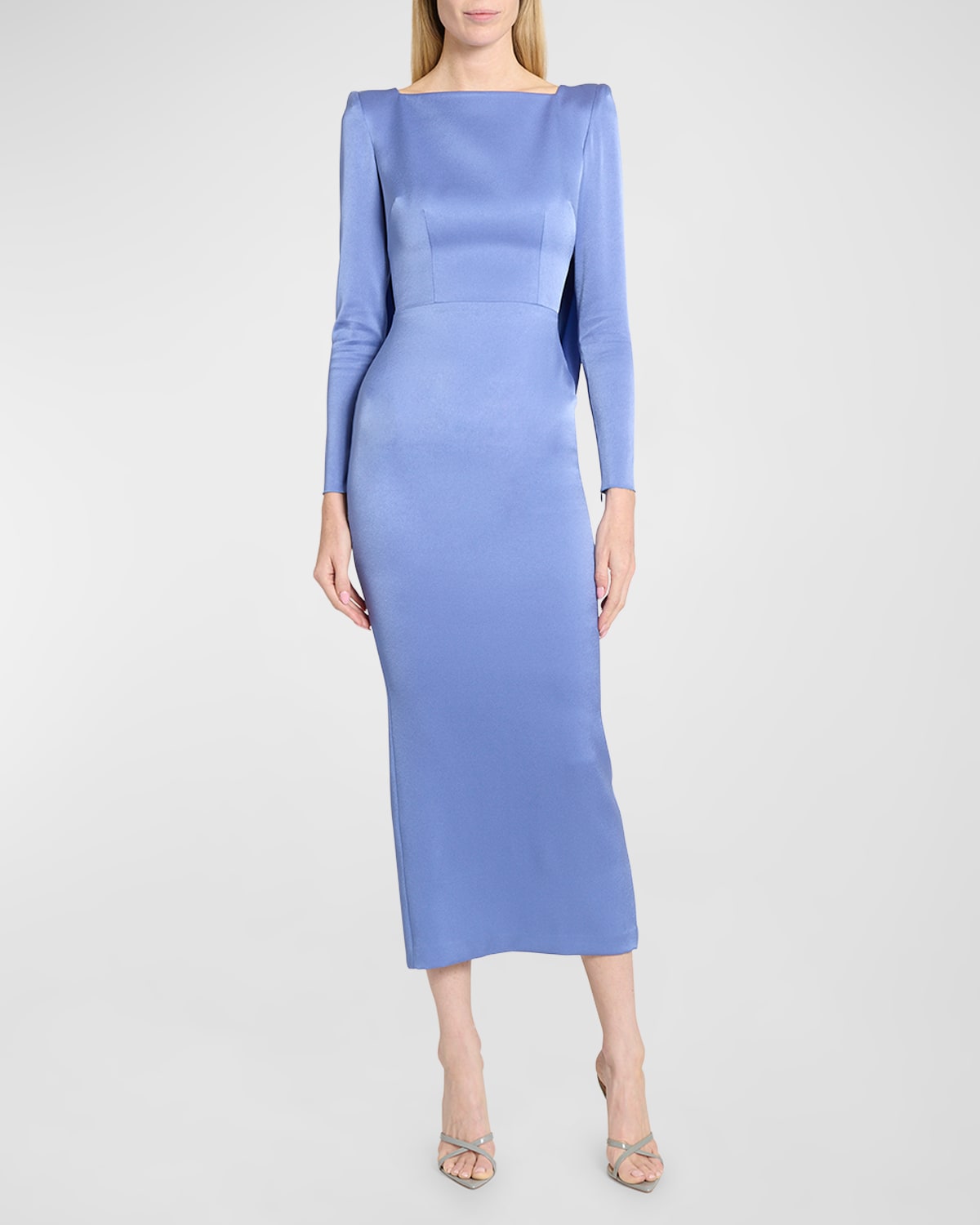 Alex Perry Strong-shoulder Long-sleeve Drape Satin Crepe Midi Dress In Periwinkle