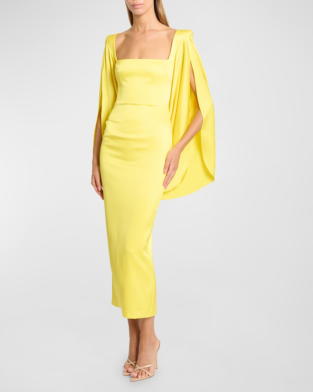 Alex Perry Cape-sleeve Strong-shoulder Satin Crepe Portrait Midi Dress In Yellow