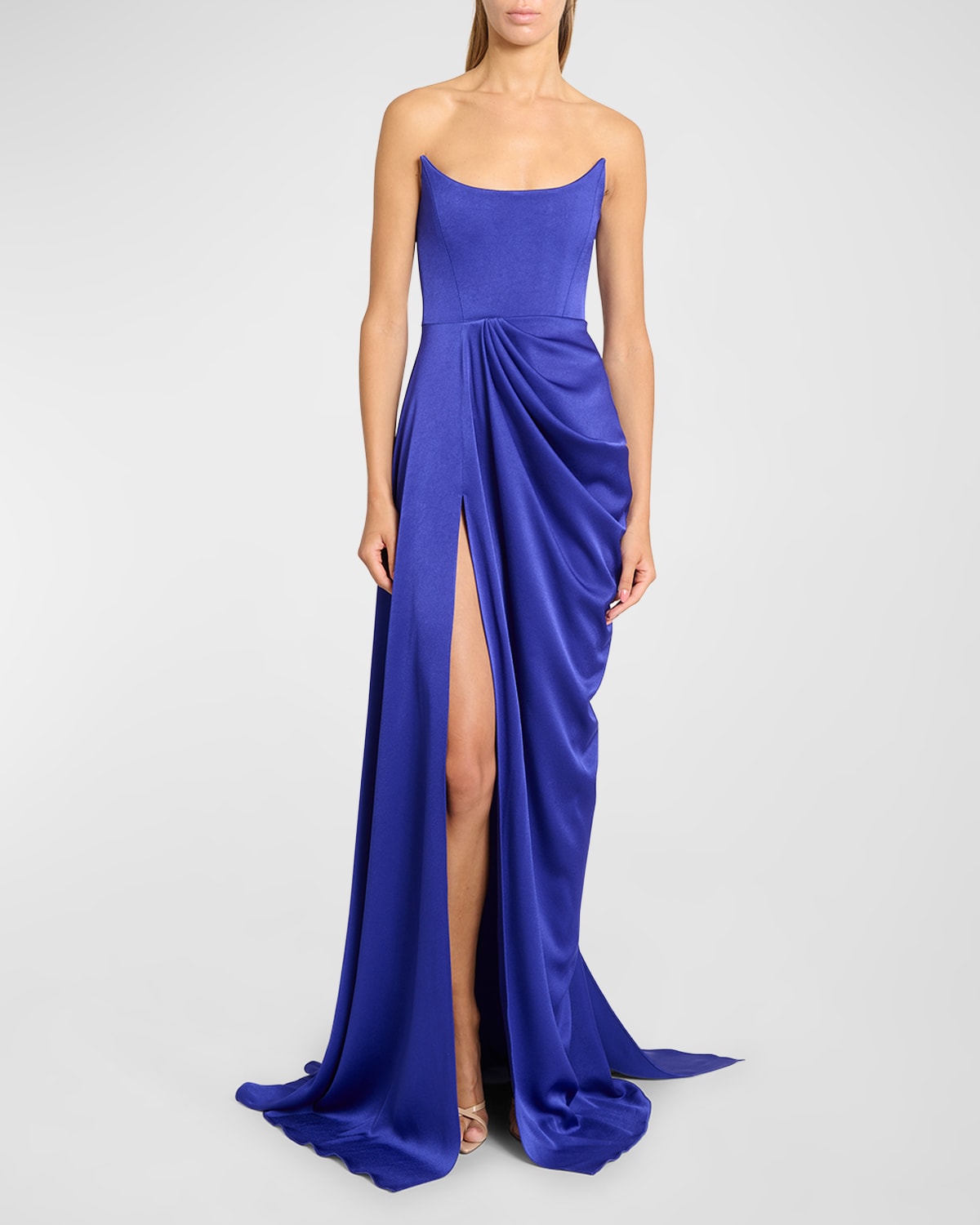Alex Perry Curved Strapless Satin Crepe Drape Gown In Ultramarine
