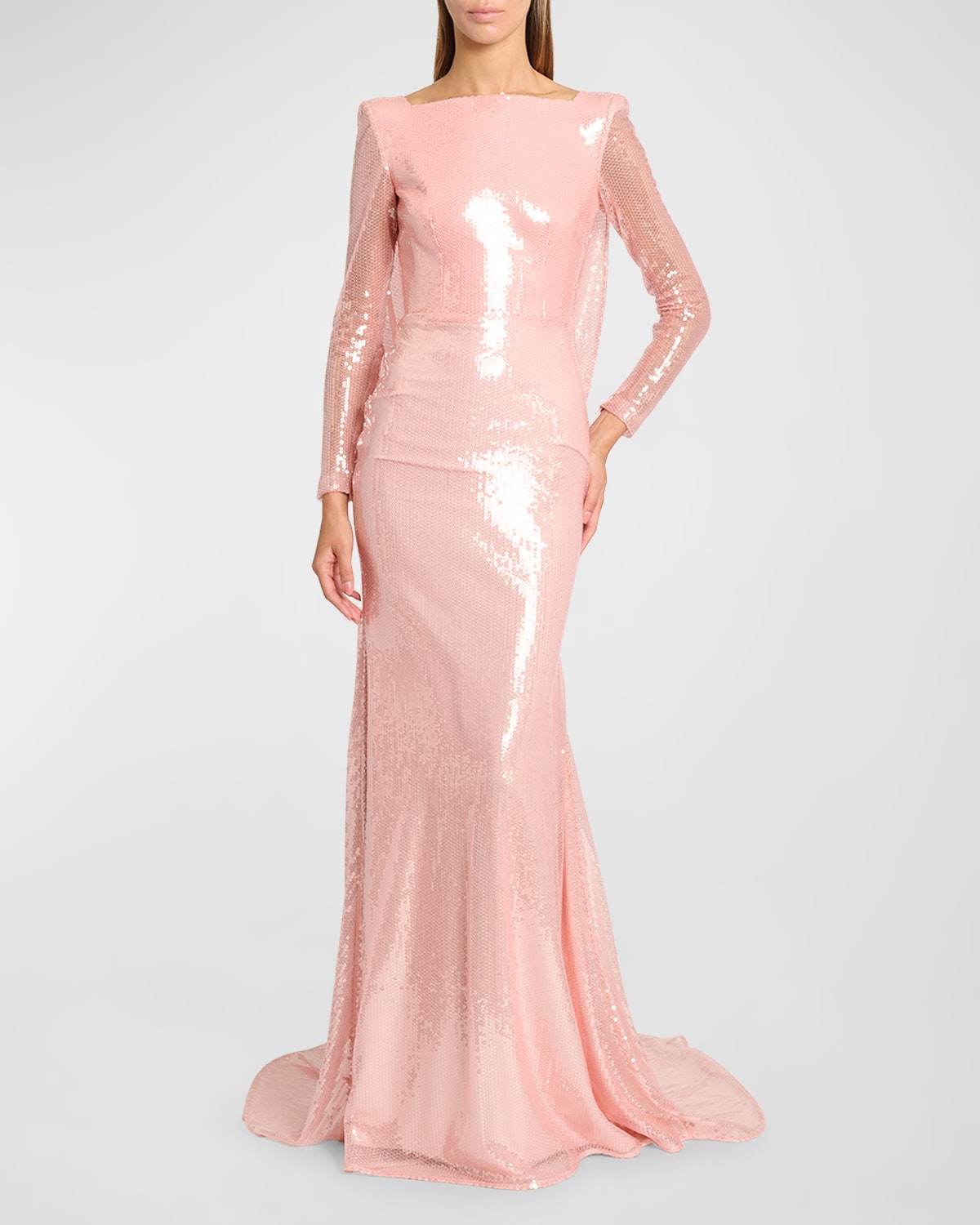 Alex Perry Sequin Long-sleeve Strong-shoulder Drape Trumpet Gown In Peach