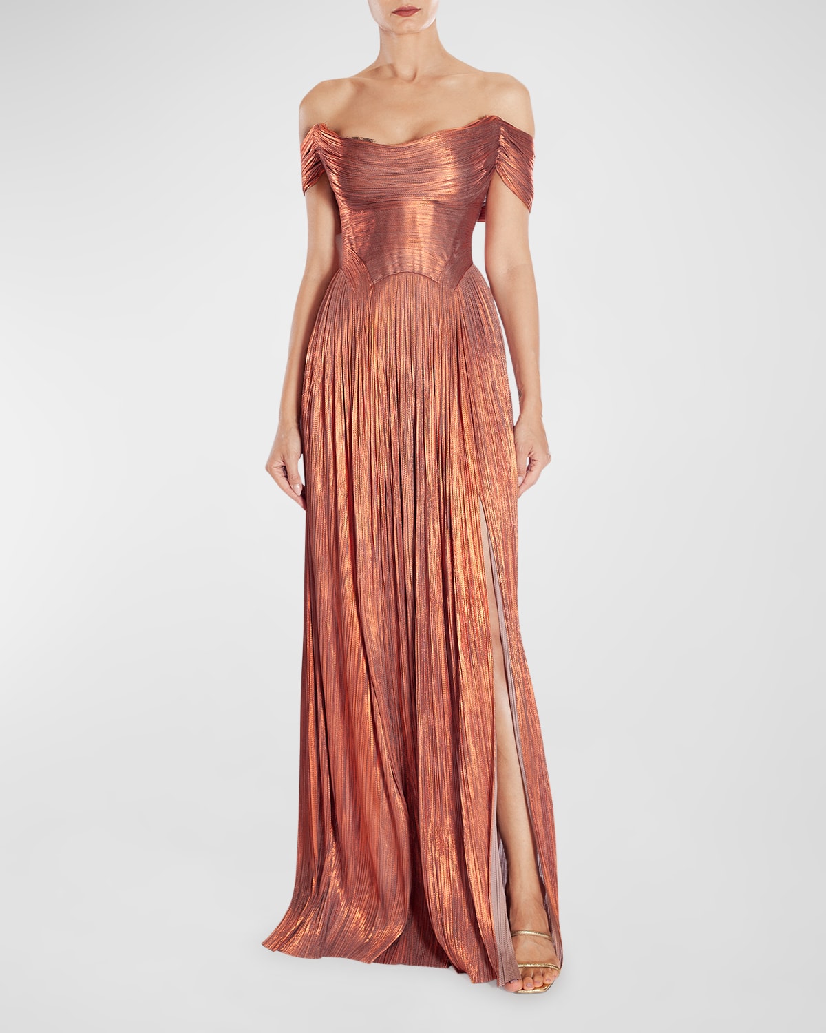Sharon Off-The-Shoulder Metallic Silk Plisse Gown