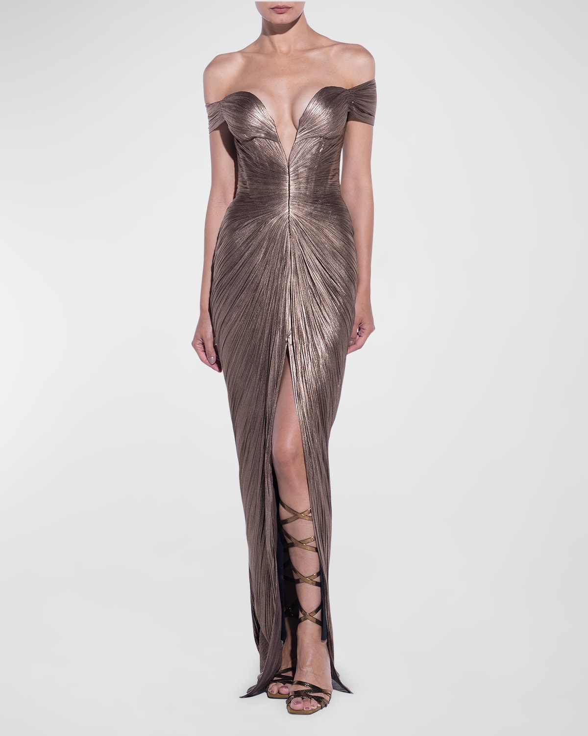 Maria Lucia Hohan Tia Plunging Off-the-shoulder Plisse Gown In Carbon