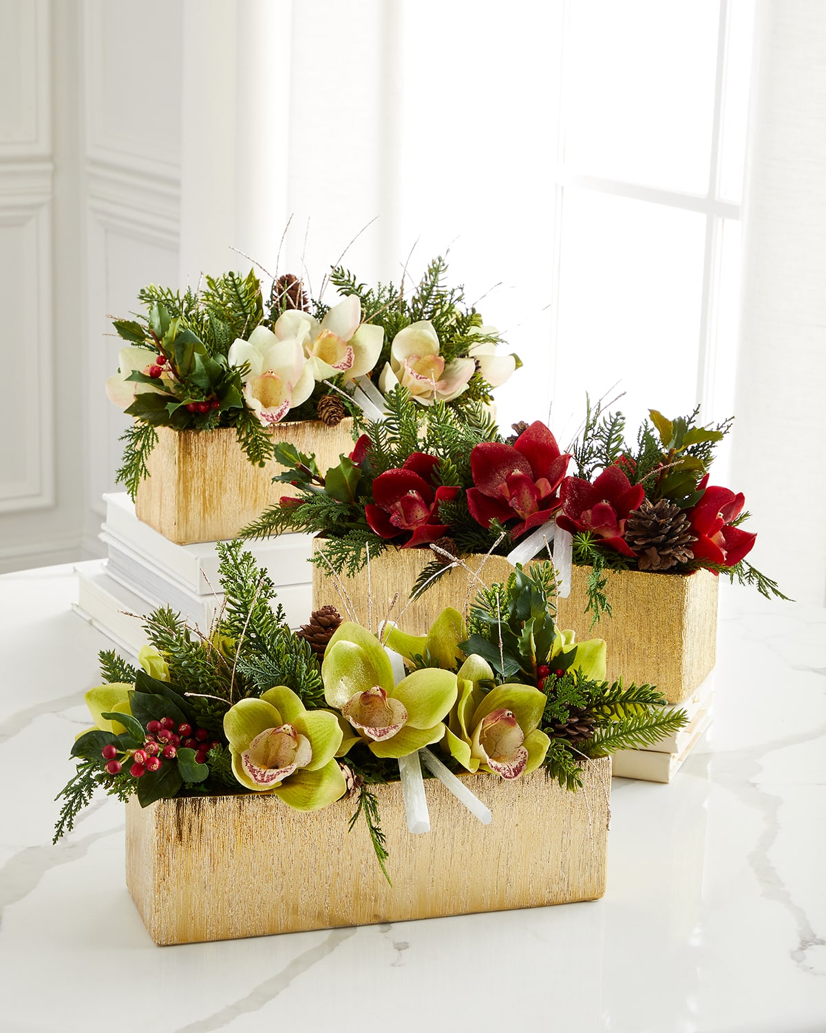 Shop T & C Floral Company Holiday Orchids Faux Floral Arrangement With Gold Rectangle Container In Red