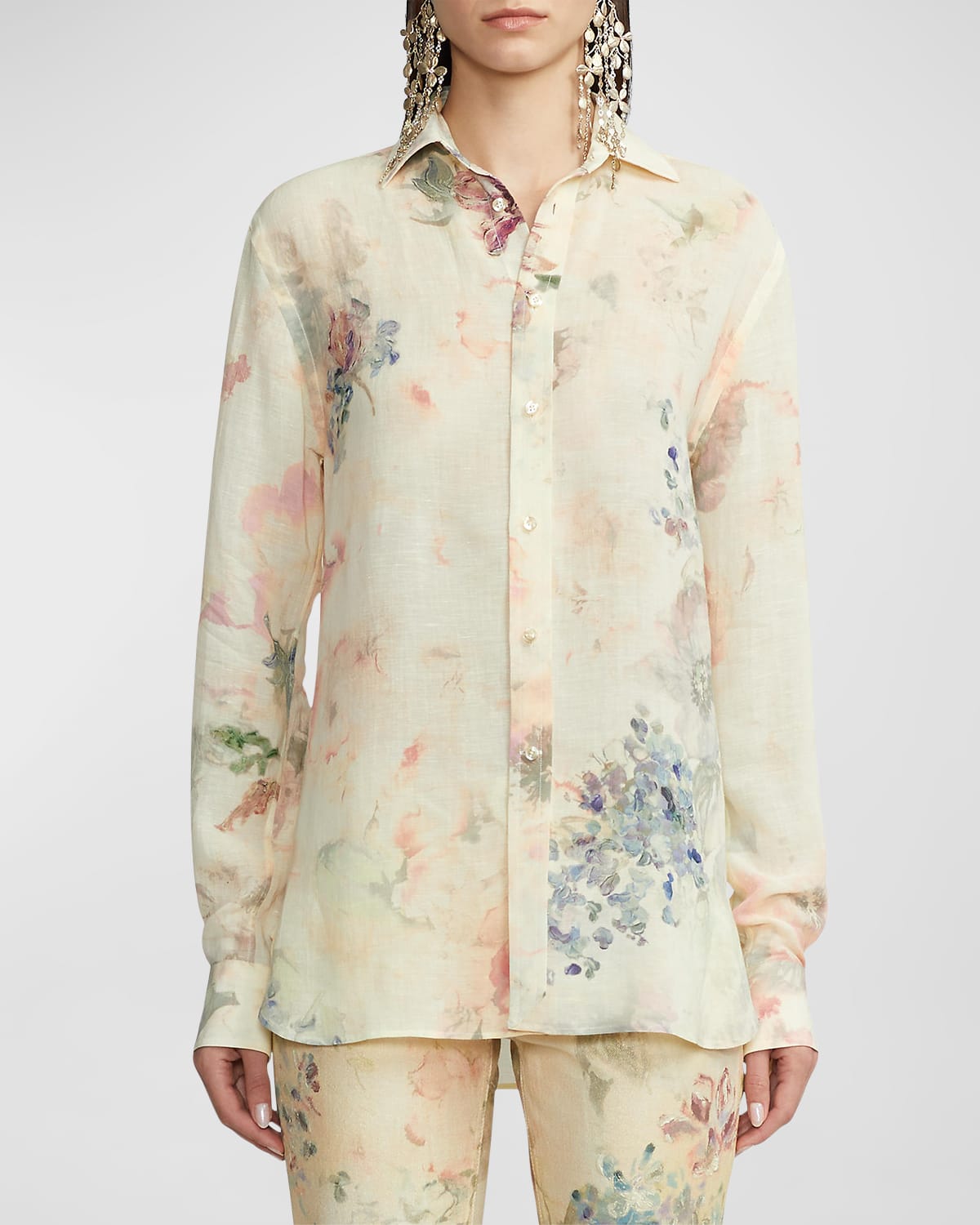 Graison Wildflowers-Print Linen Voile Collared Shirt
