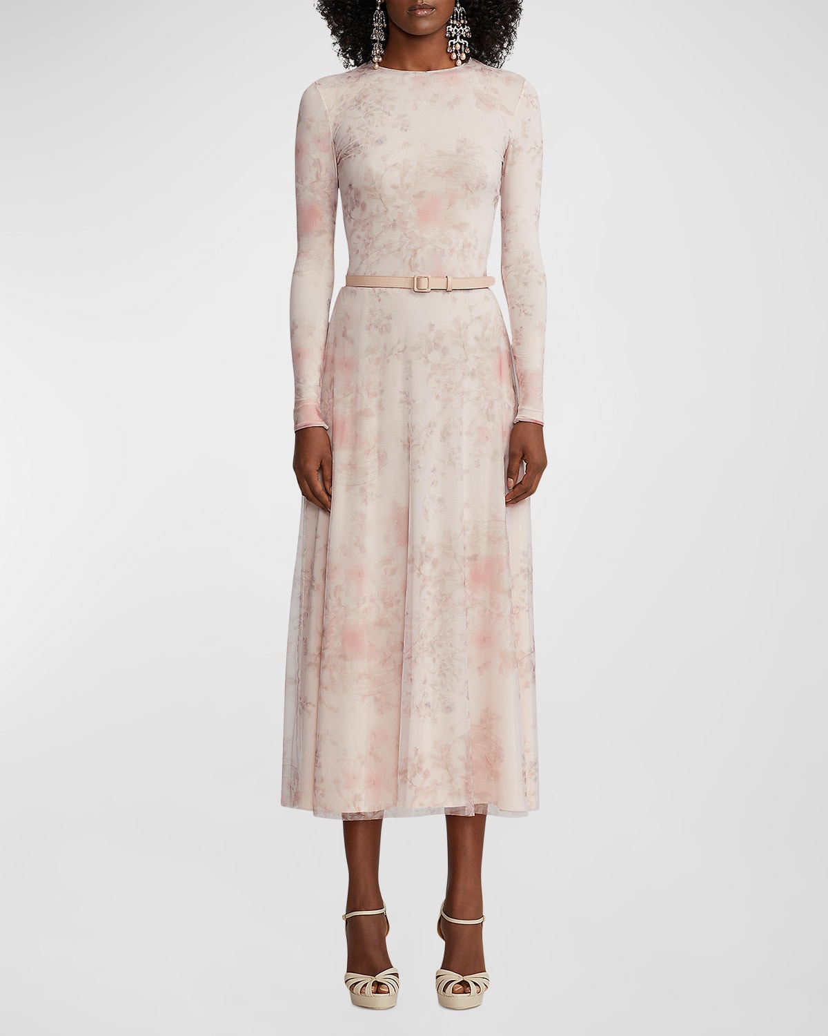 Shop Ralph Lauren Painted Garden Long-sleeve Tulle Midi Dress With Leather Belt In Mauve