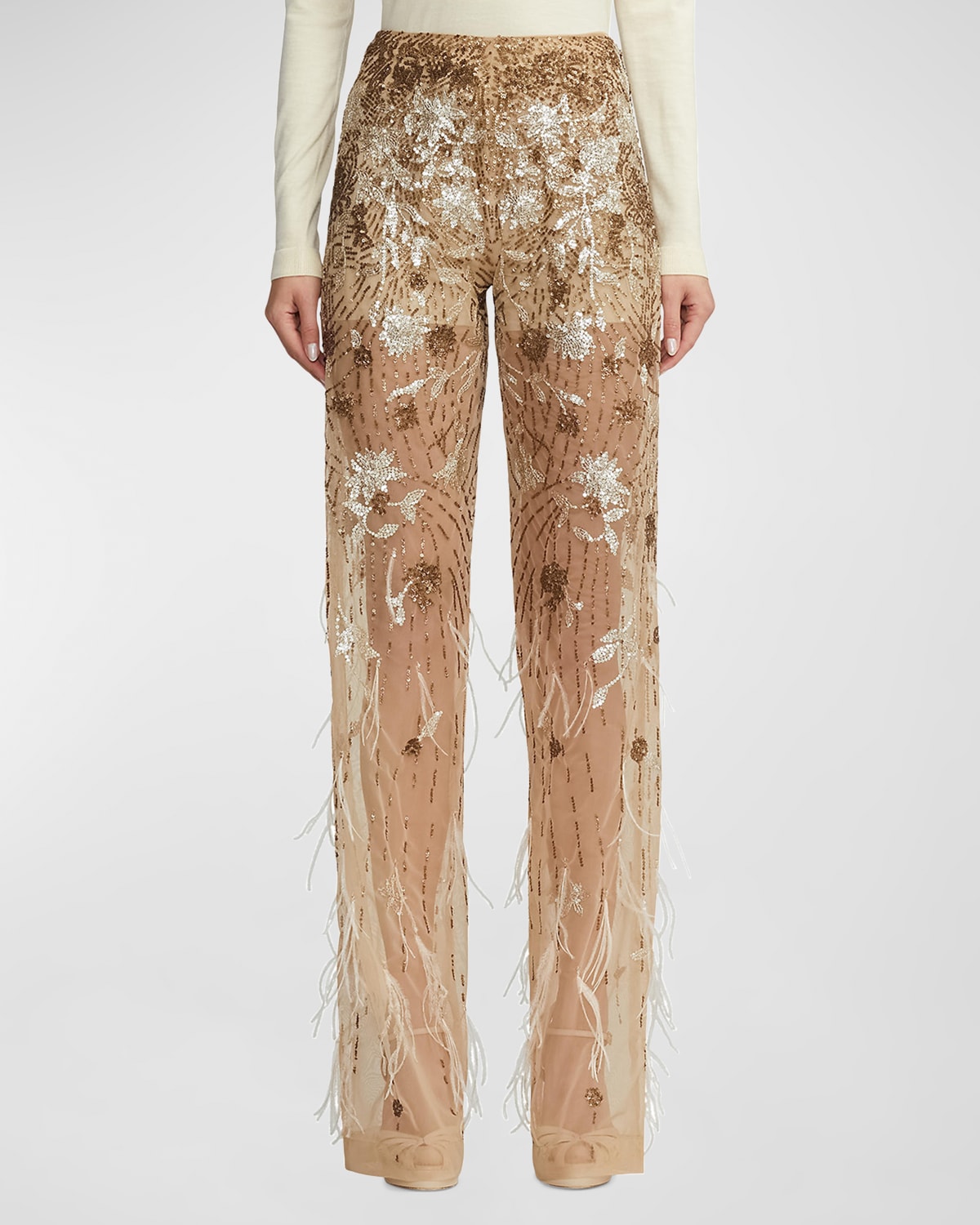 High-Rise Feather Embellished Sheer Straight-Leg Pants