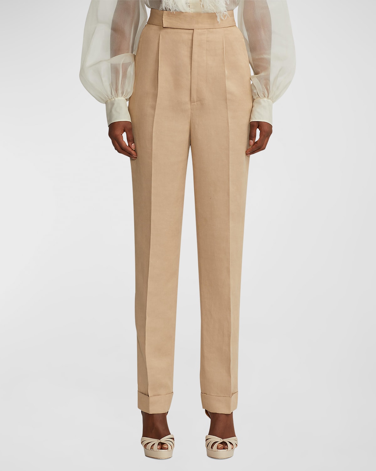 Ralph Lauren Evanne Mid-rise Straight-leg Linen-silk Pants In Clay
