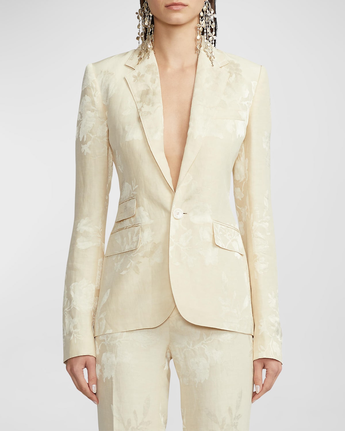 Shop Ralph Lauren Parker Floral Jacquard Single-breasted Blazer Jacket In Butter