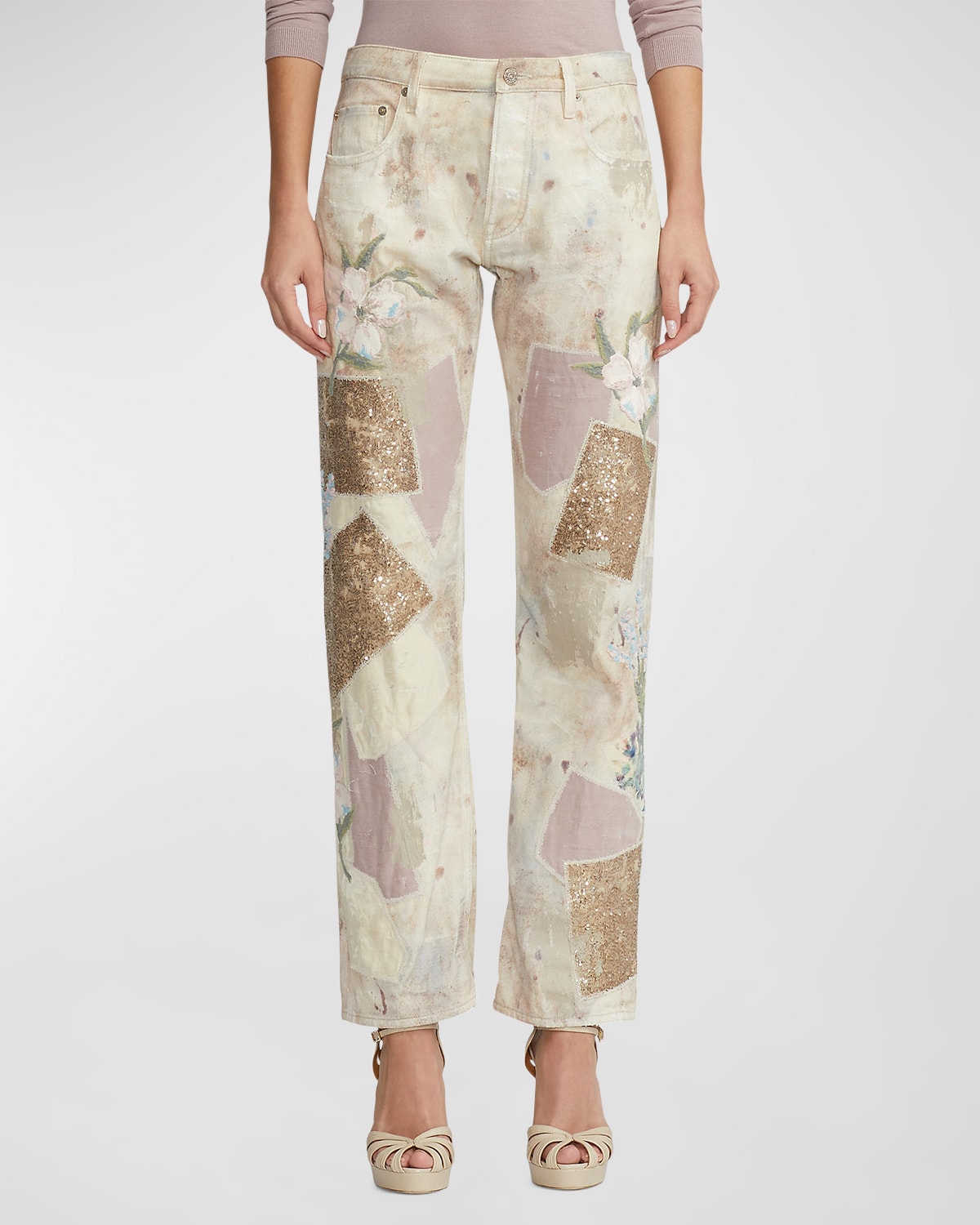 Shop Ralph Lauren Lylah Embellished Patchwork Boyfriend Jeans In Multi