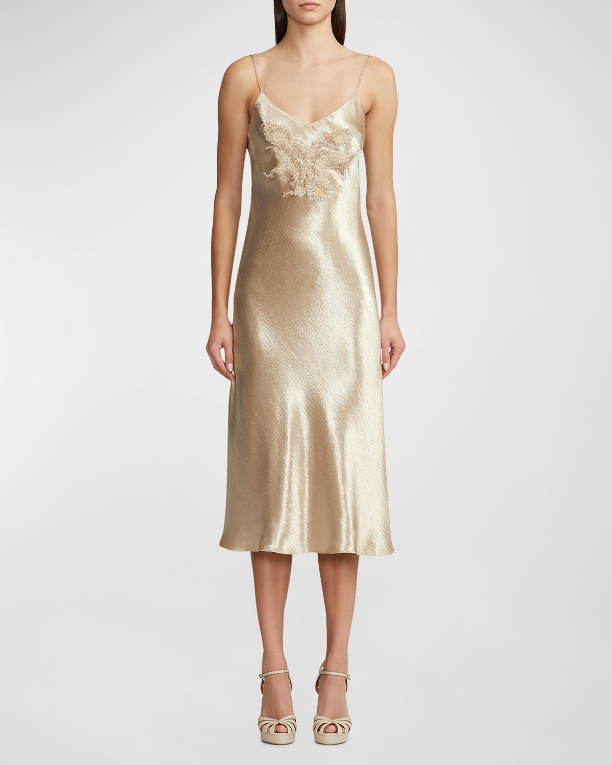 Shop Ralph Lauren Rebekka Hammered Satin Midi Dress With Beading In Fawn
