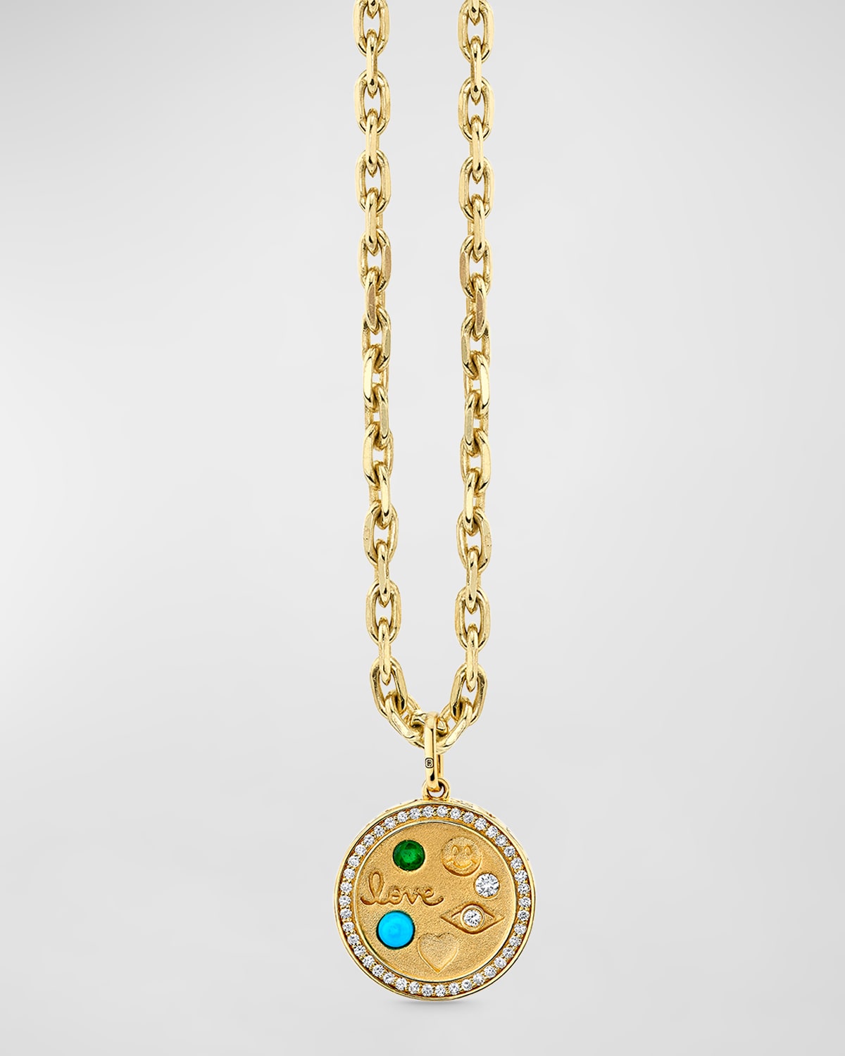 14K Yellow Gold Iconography Circle Charm Oval Link Necklace