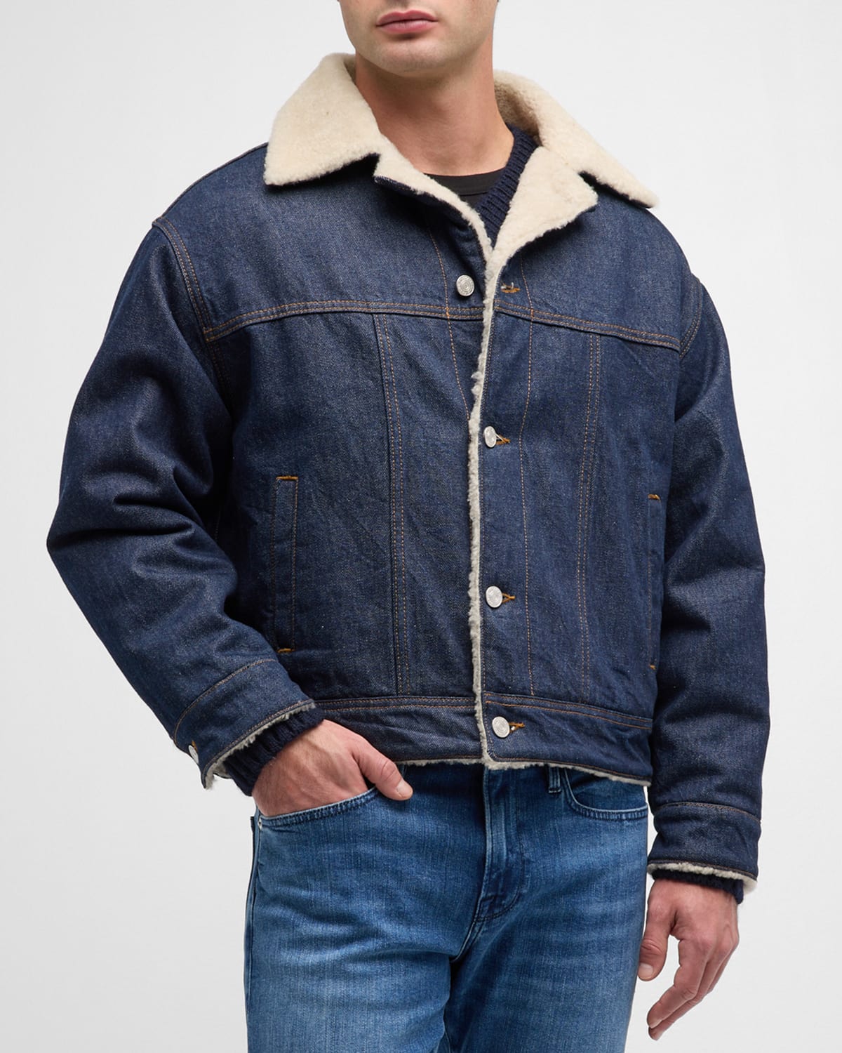 Shop Frame Men's Oversized Shearling Denim Jacket In Fort Bay