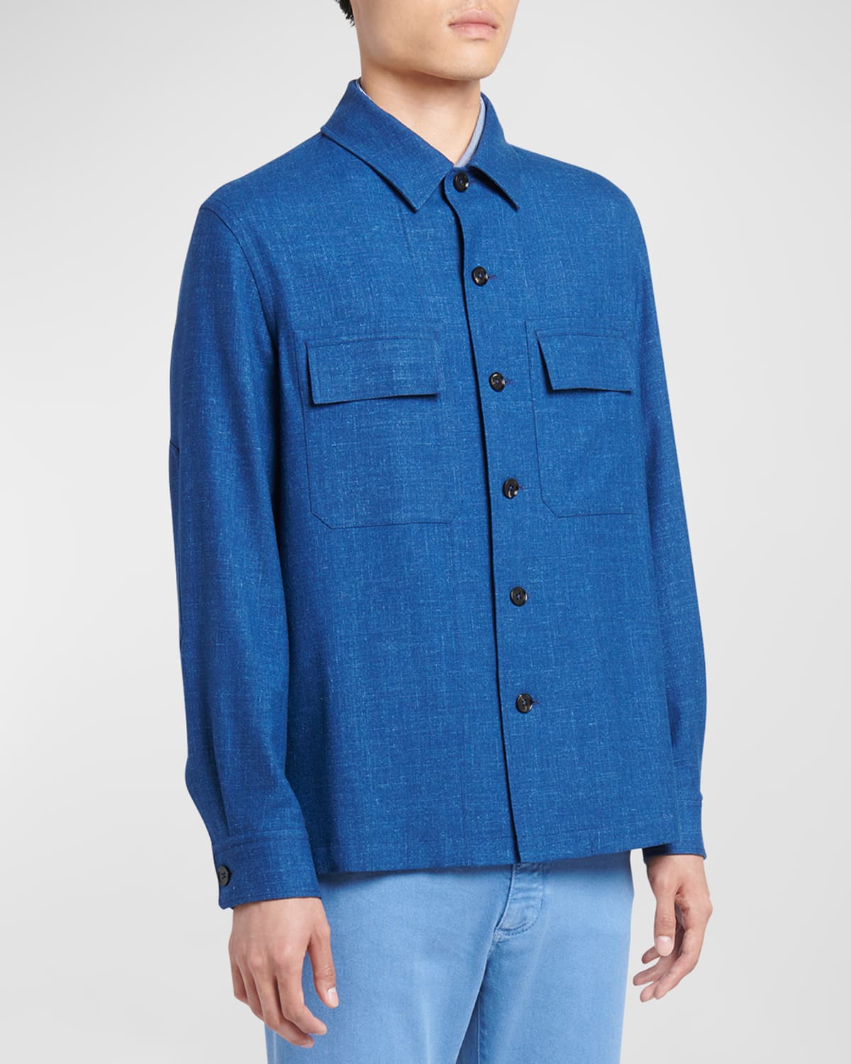 Zegna 同色系缝线羊绒亚麻衬衫 In Dark Blue Solid