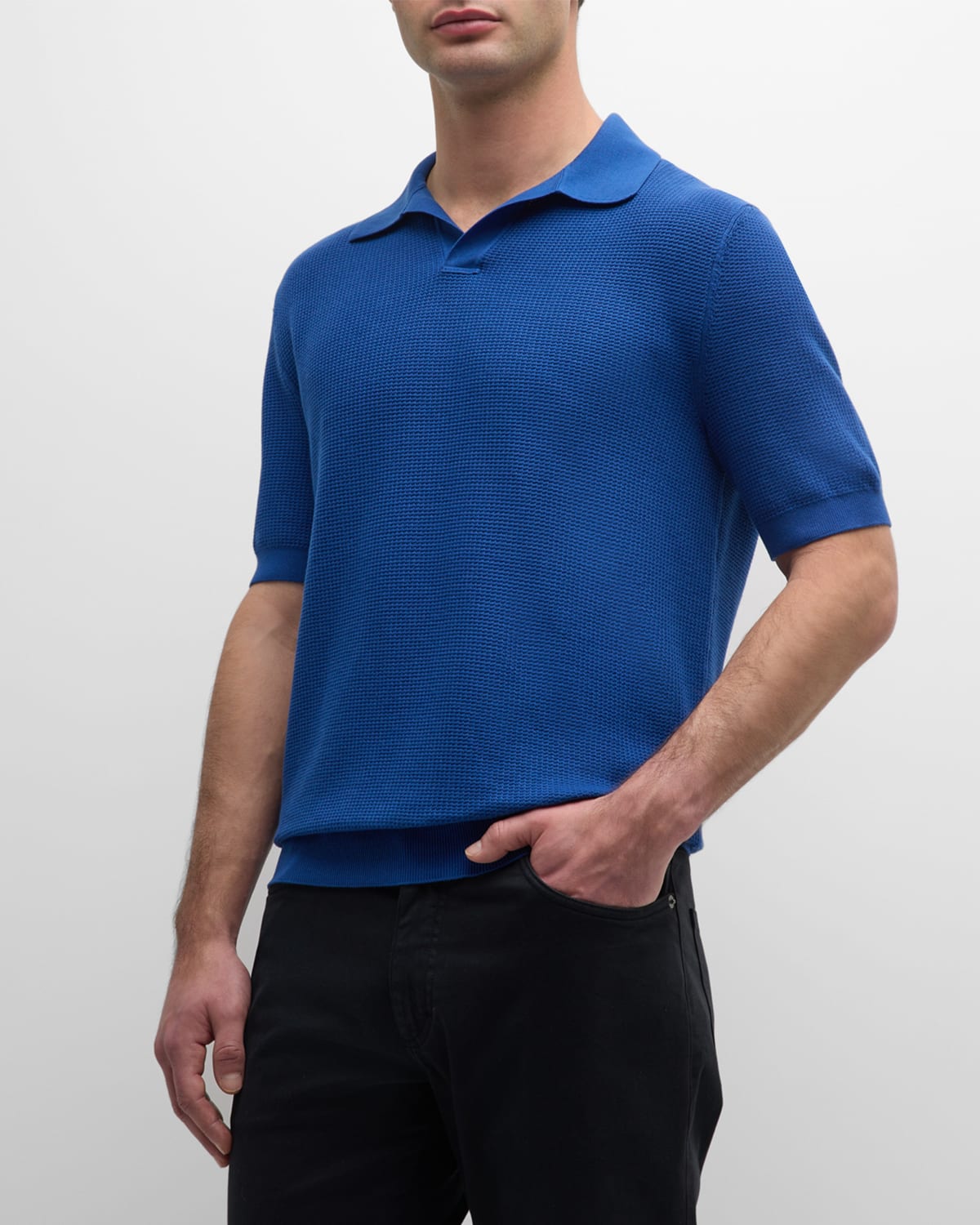 Zegna Men's Cotton Knit Short-sleeve Polo Sweater In Bright Blue Solid