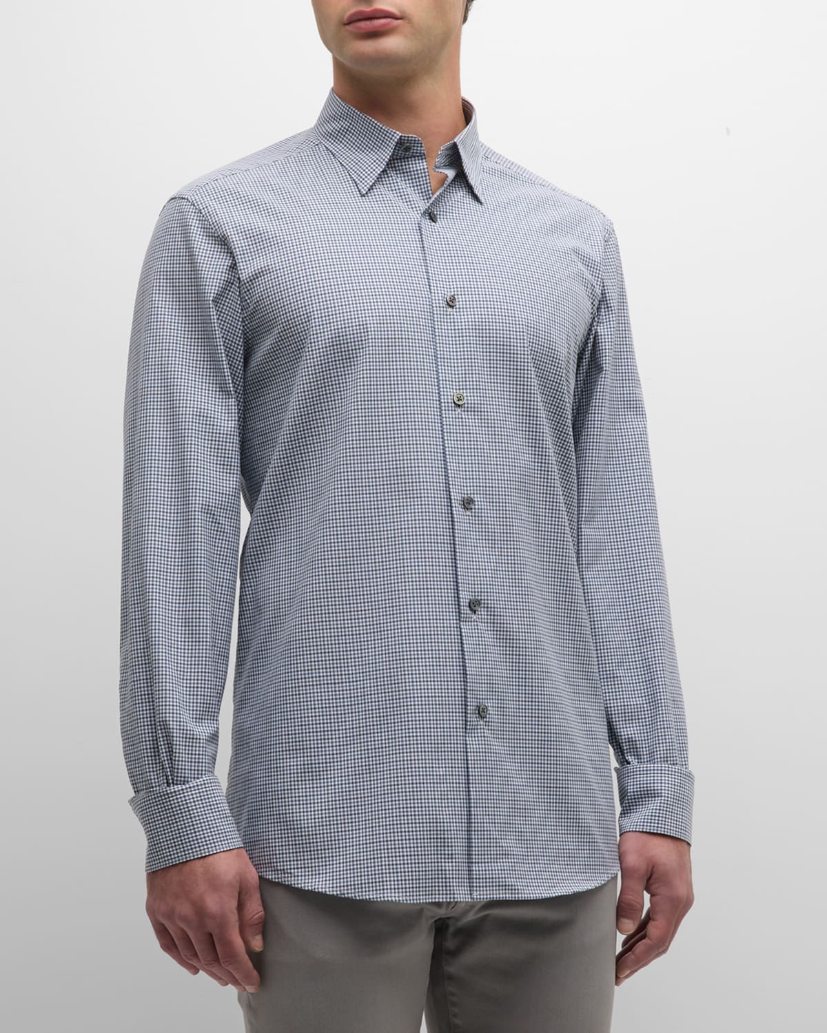 Zegna Men's Cotton Mini-check Sport Shirt In Dark Blue Check