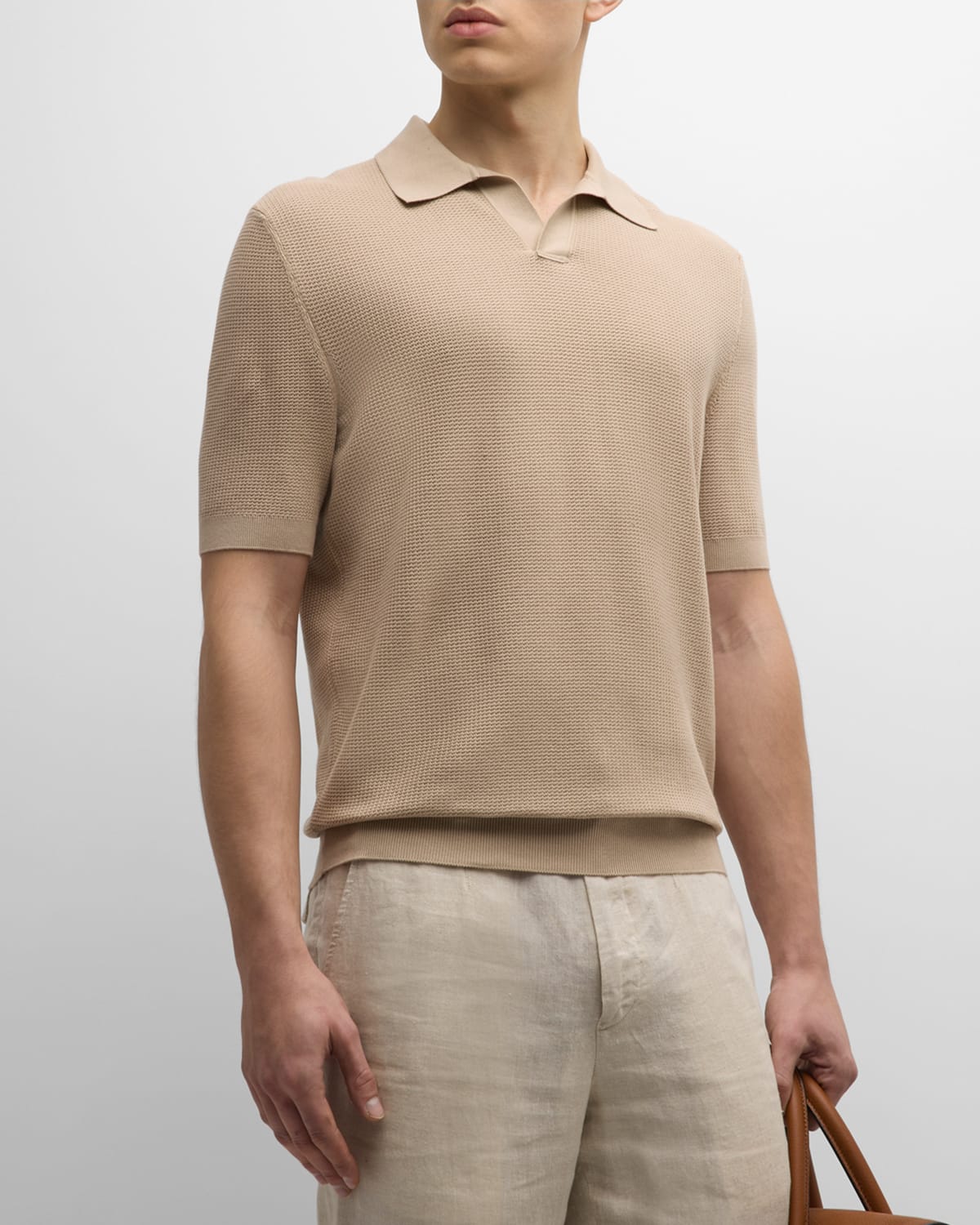 Shop Zegna Men's Cotton Knit Short-sleeve Polo Sweater In Light Beige