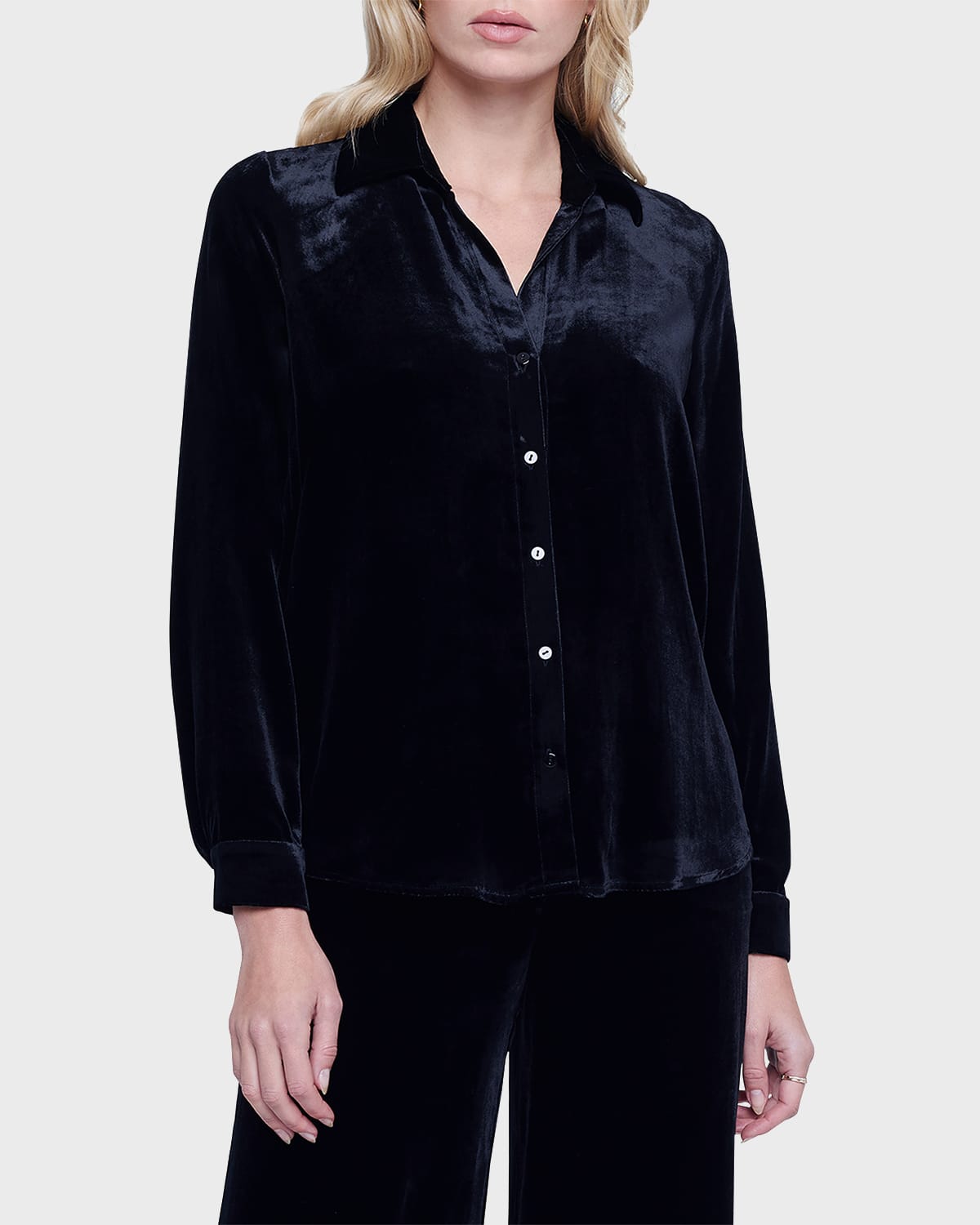 Shop L Agence Argo Velvet Button-front Blouse In Black