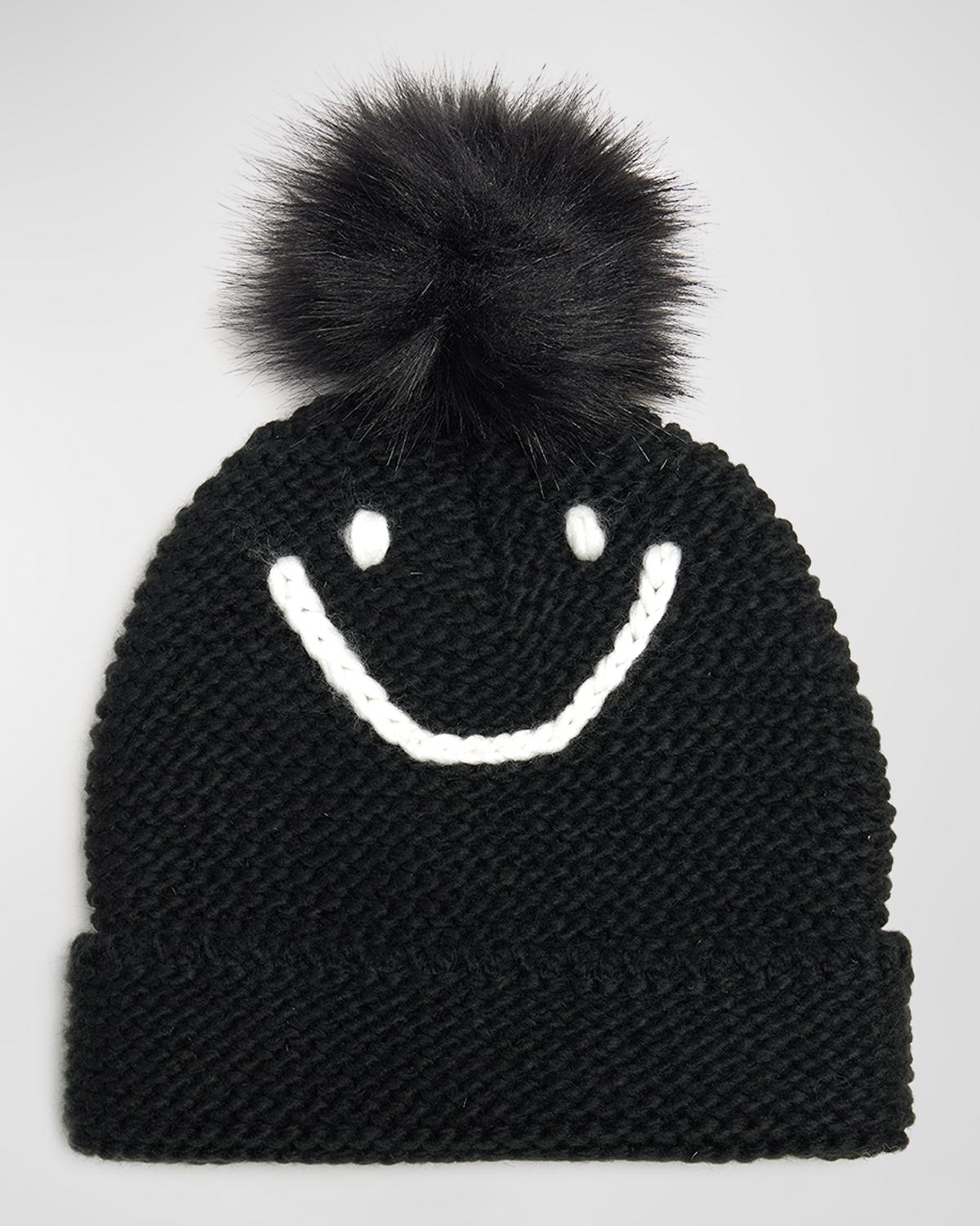 Jocelyn Waffle Knit Smile Beanie With Faux Fur Pom In Ivory 