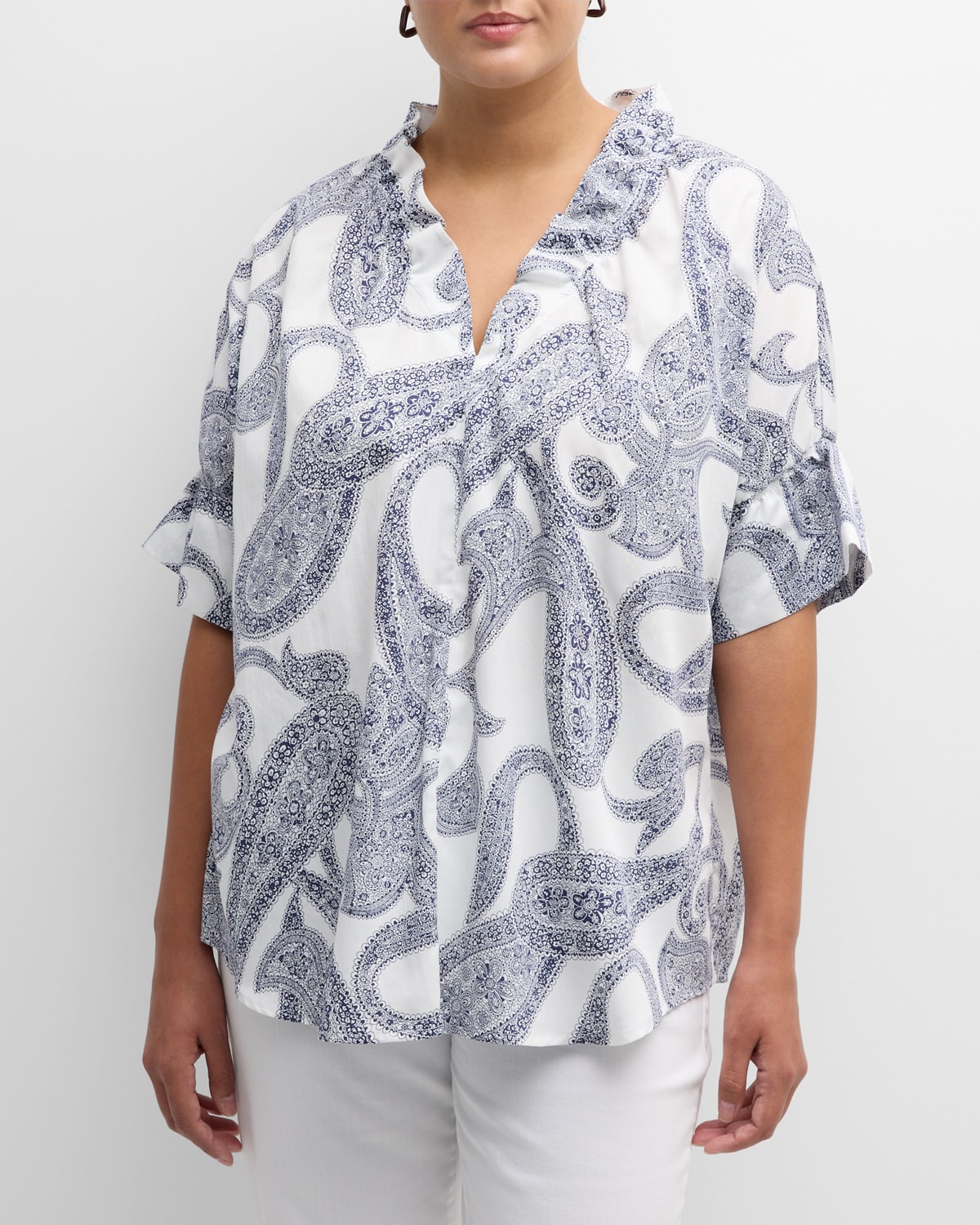 Finley Plus Size Crosby Paisley-print Cotton Top In White/navy