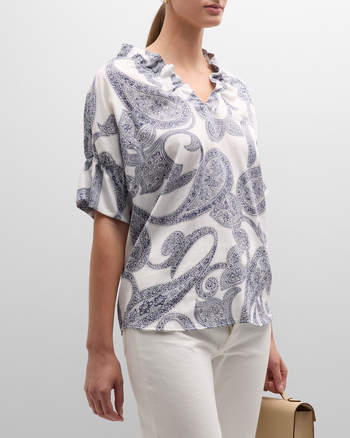 Finley Crosby Paisley-print Puff-sleeve Top In White/navy
