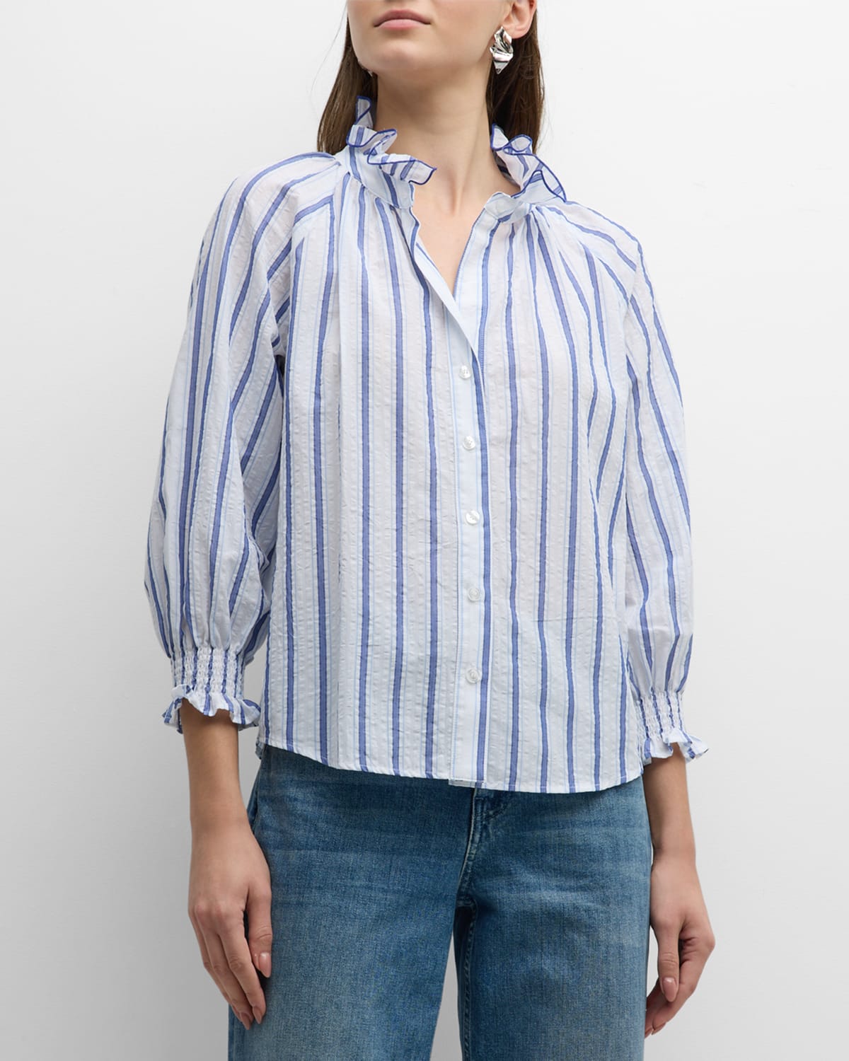 Fiona Striped Ruffle-Trim Seersucker Shirt