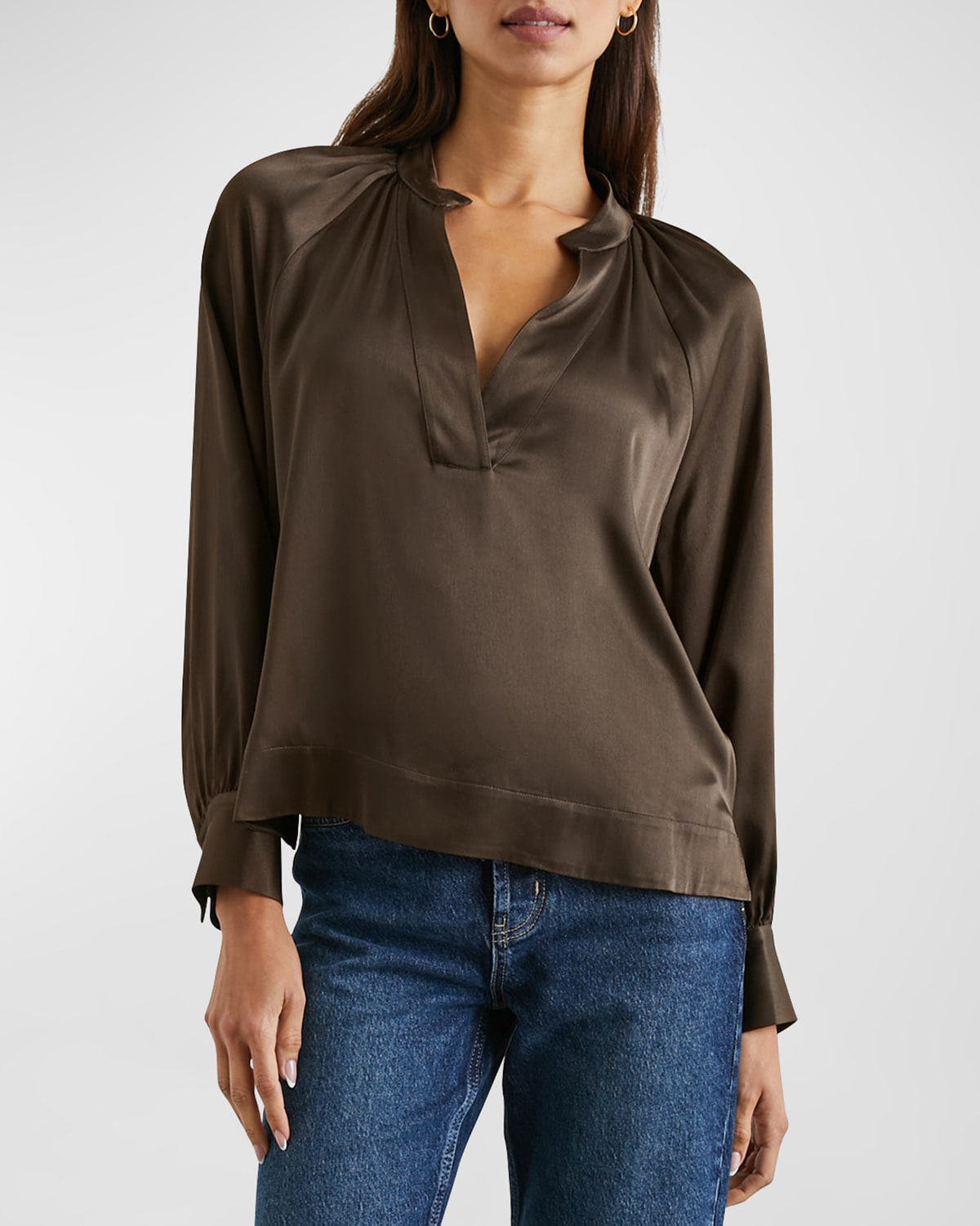 Rails Chocolate Brown Wynna V Neck Silk Blouse In Moss