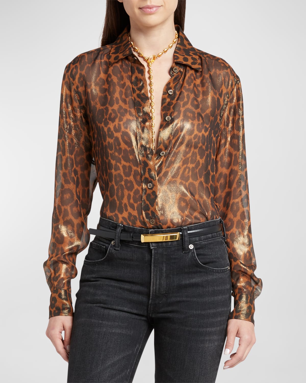 Shop Tom Ford Laminated Leopard Print Button-front Blouse In Camel