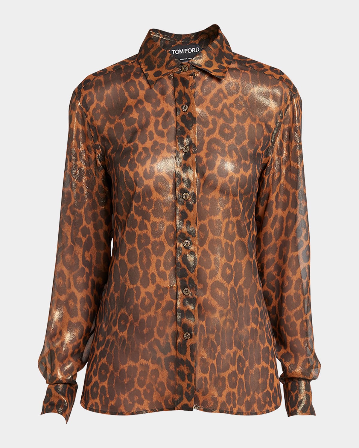Tom Ford Laminated Leopard Print Button-front Blouse In Camel