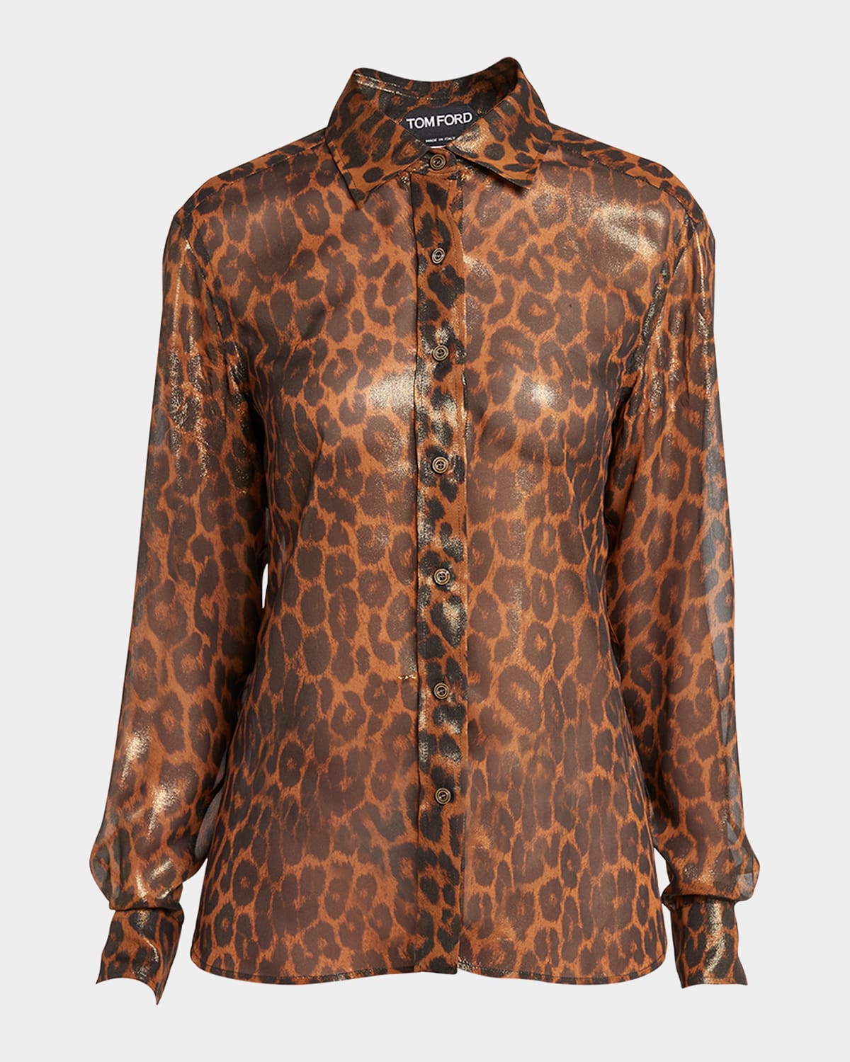 Shop Tom Ford Laminated Leopard Print Button-front Blouse In Camel