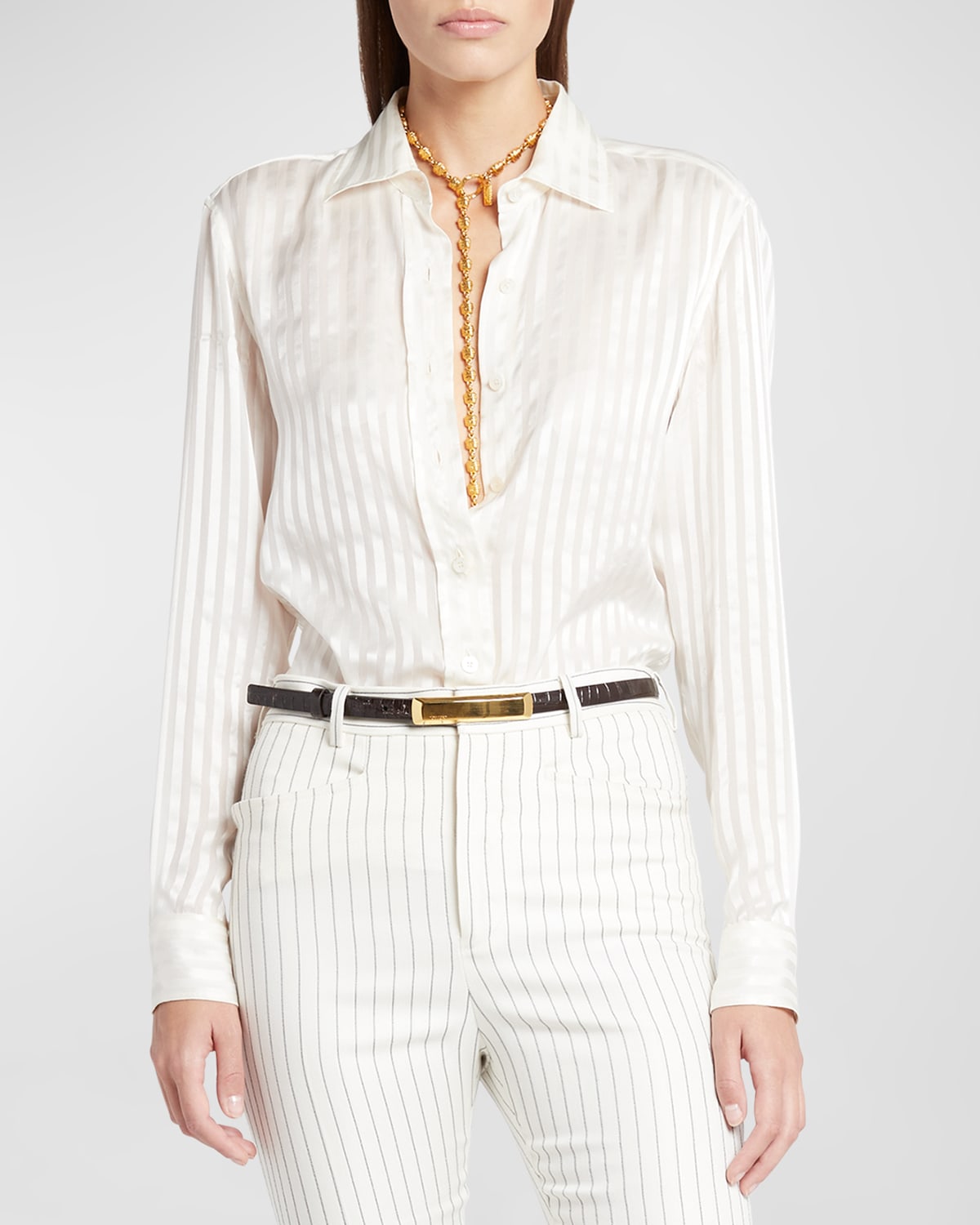 Shop Tom Ford Striped Silk Button-front Blouse In Ecru