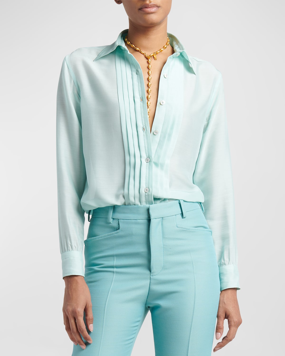 Tom Ford Pleated Silk Button-front Blouse In Dusty Aqua