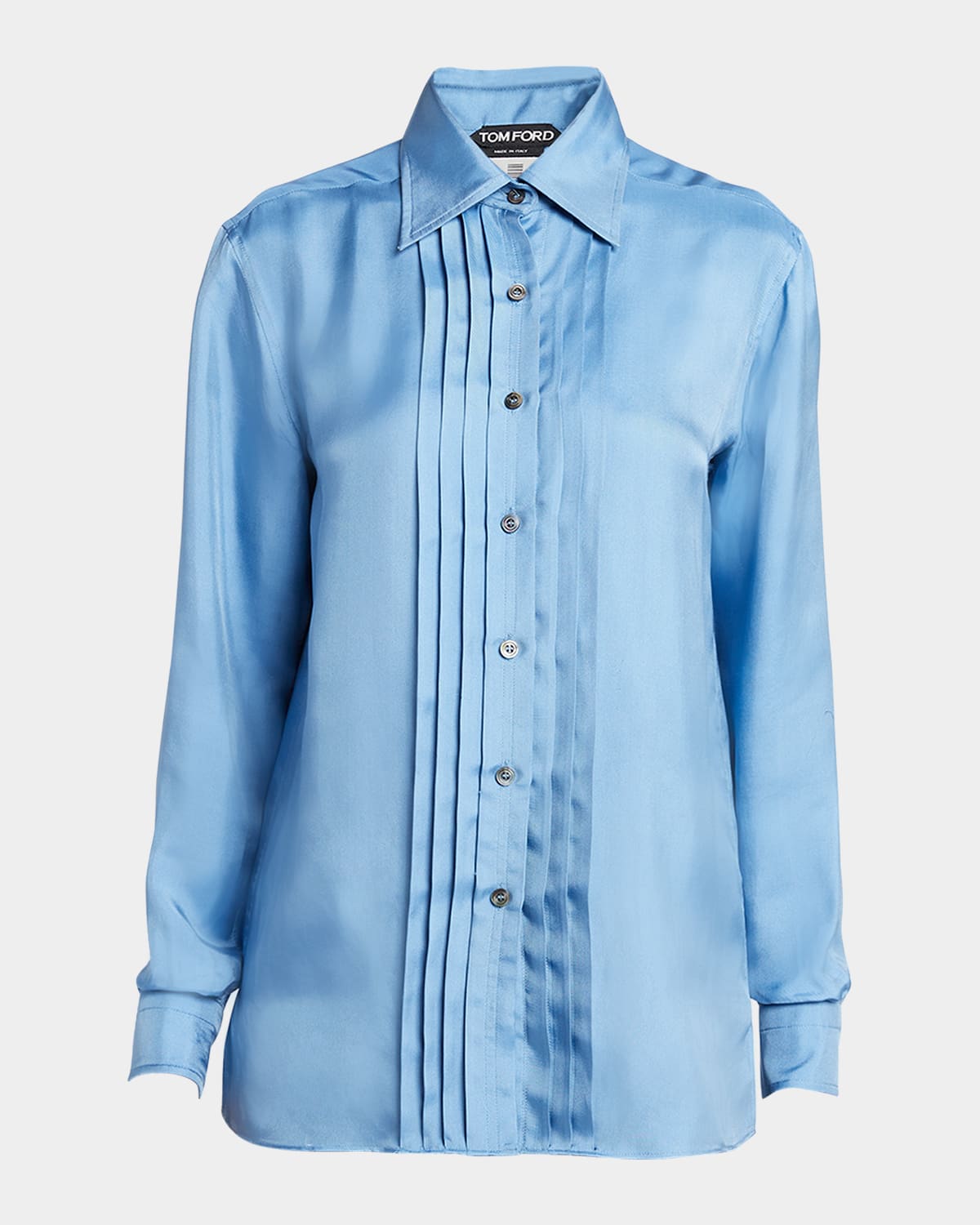 Tom Ford Pleated Silk Button-front Blouse In Stone Blue