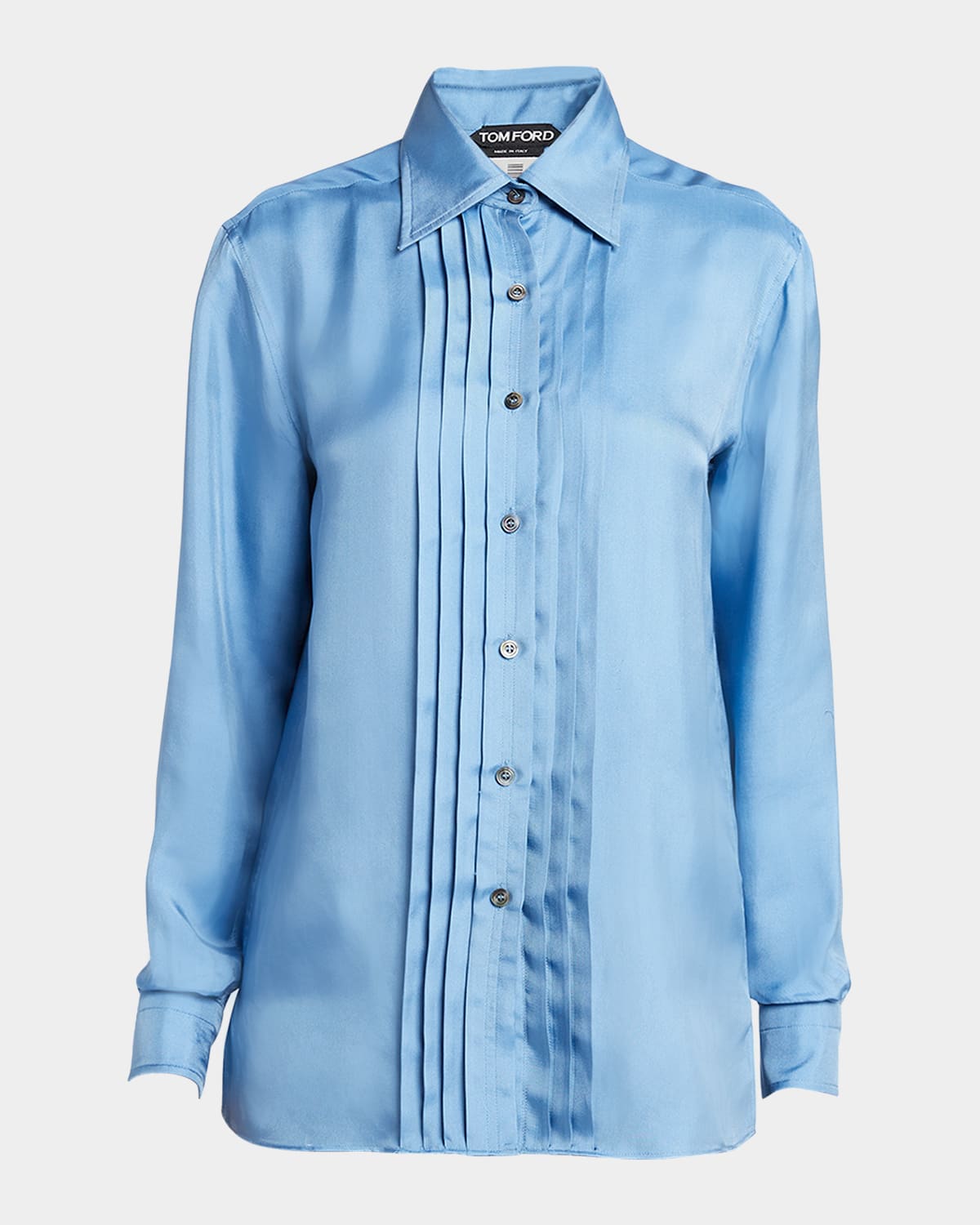 Shop Tom Ford Pleated Silk Button-front Blouse In Stone Blue